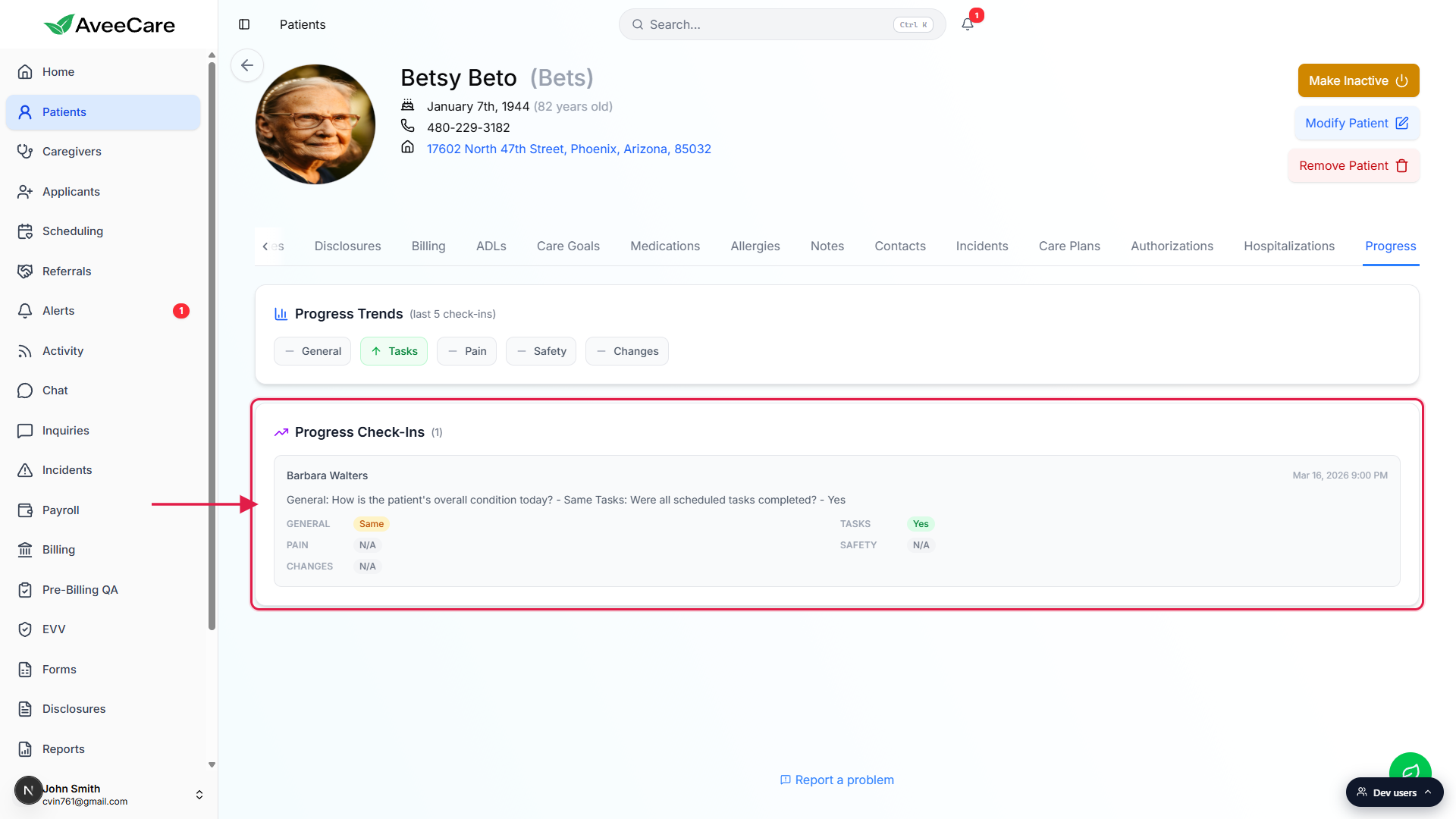 Progress Check-Ins panel highlighted with a red box, showing one entry from Barbara Walters with the General, Tasks, Pain, Safety, Changes breakdown