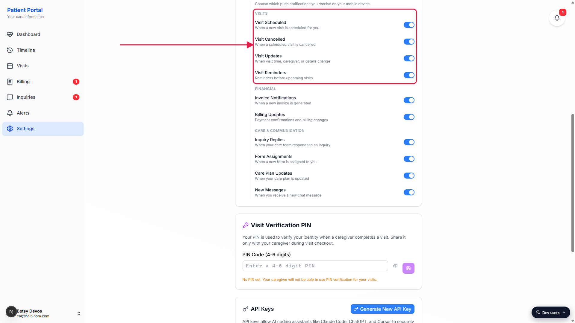 Push Notifications sub-list expanded, with the Visits group highlighted in a red box showing the rows Visit Scheduled, Visit Cancelled, Visit Updates, and Visit Reminders, plus the Financial and Care and Communication groups visible underneath.