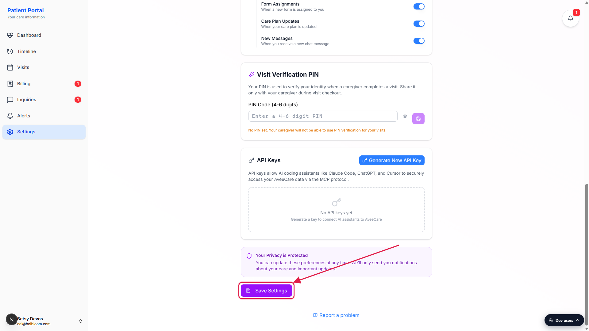 Bottom of the patient Settings page with the purple Save Settings button highlighted in a red box, plus the Visit Verification PIN card, API Keys card, and Your Privacy is Protected note visible above it.