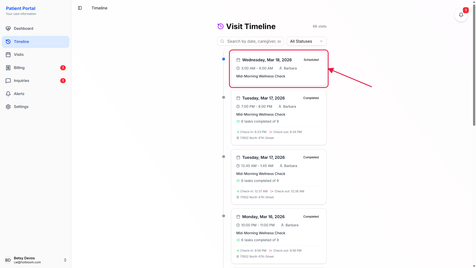 Visit Timeline page with the Patient Portal sidebar on the left and the first visit card in the list called out with a red box