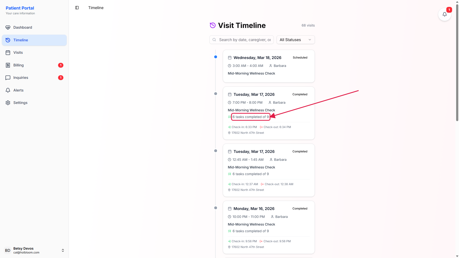 Completed visit card with the 6 tasks completed of 9 line called out with a red box, plus the Check-in, Check-out, and address rows visible underneath
