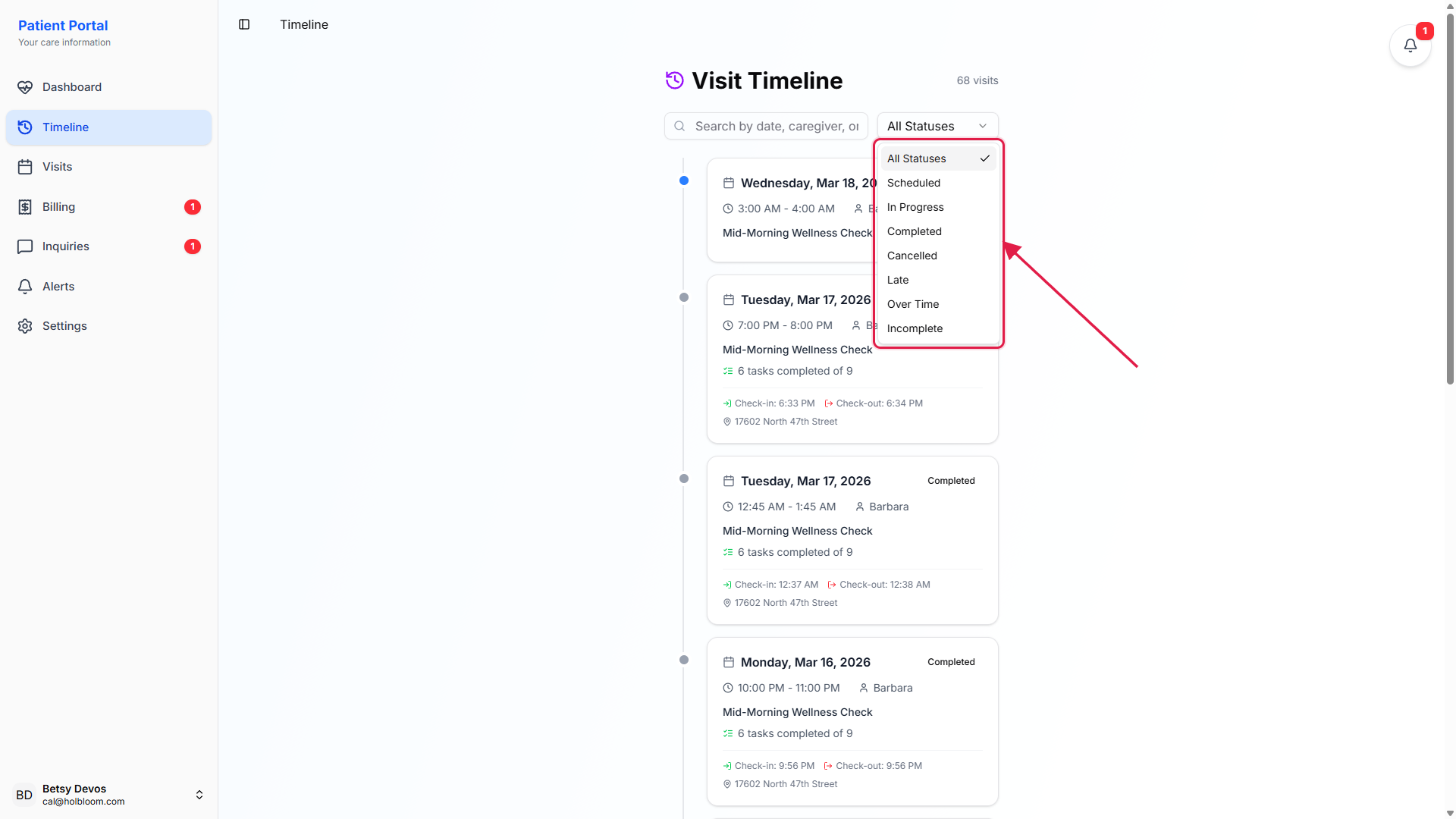 Status filter dropdown open above the timeline, listing All Statuses, Scheduled, In Progress, Completed, Cancelled, Late, Over Time, and Incomplete