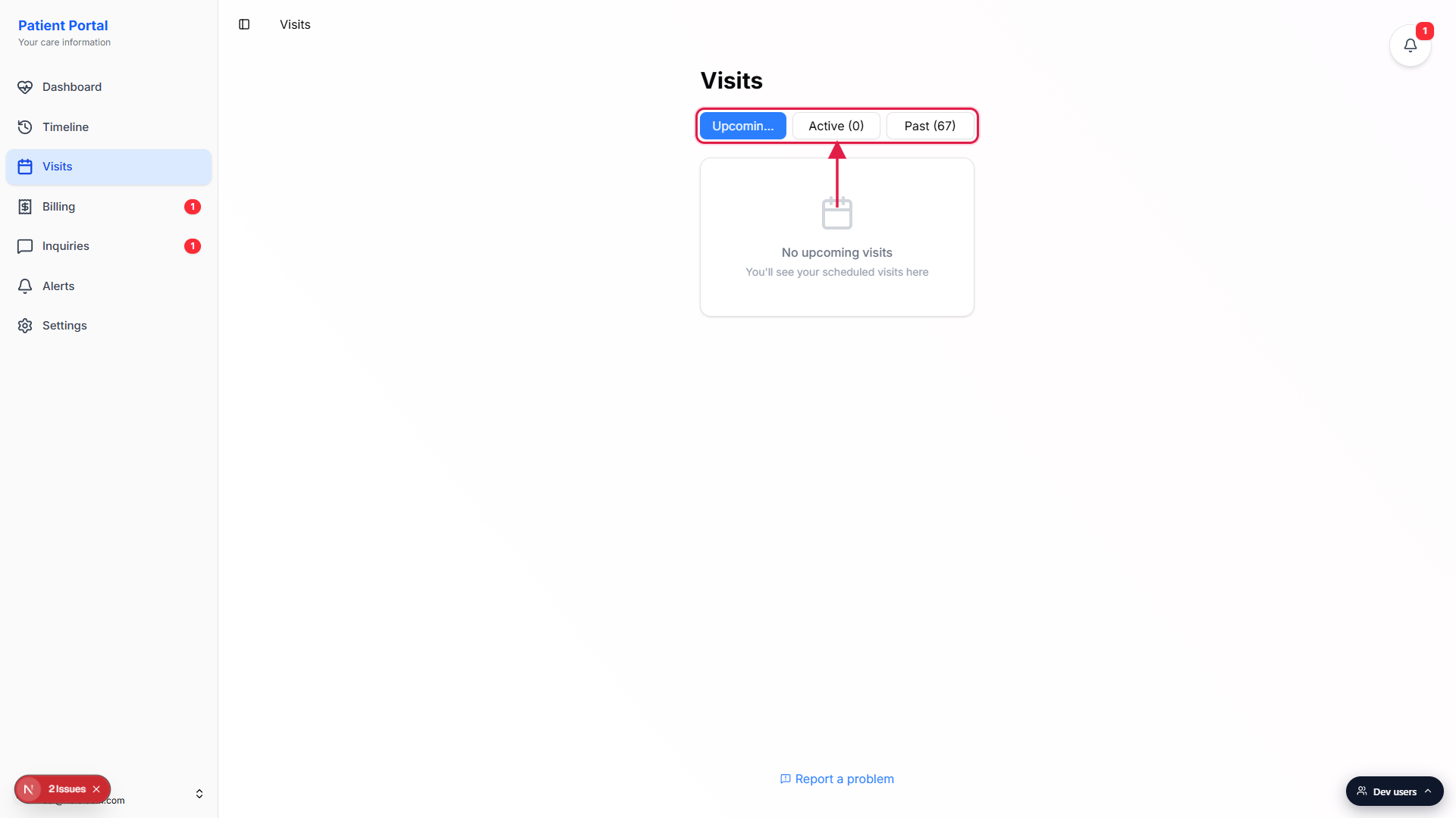 Visits page in the Patient Portal with the three tab buttons Upcoming, Active, and Past called out with a red box