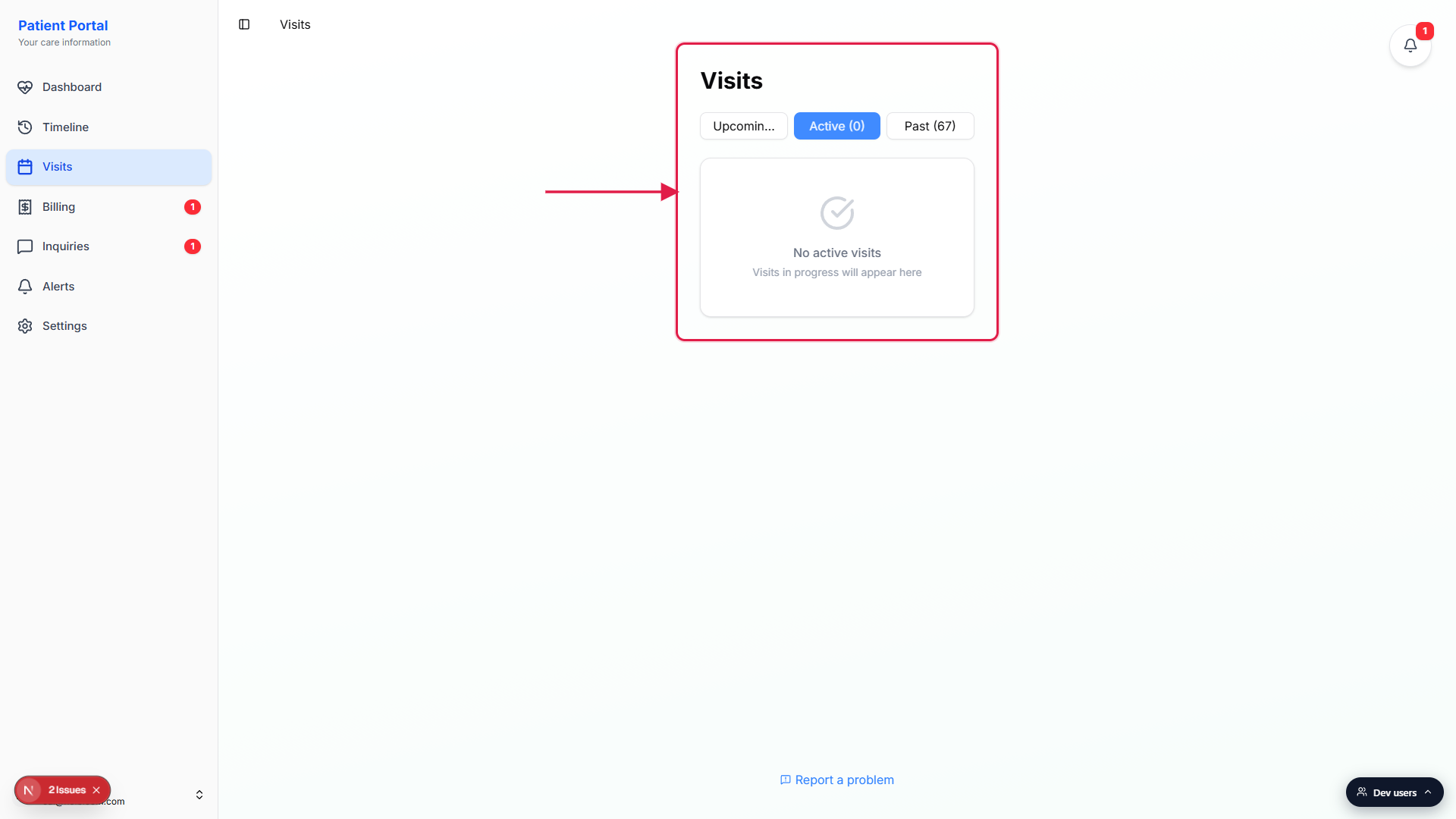 Visits page with the Active tab selected and the No active visits empty-state card called out with a red box