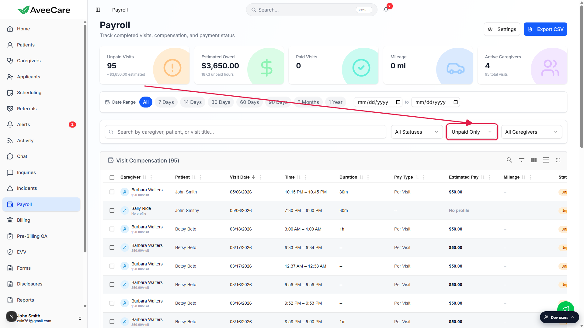 Payment Status dropdown switched to Unpaid Only, called out with a red box, after clicking the Unpaid Visits tile