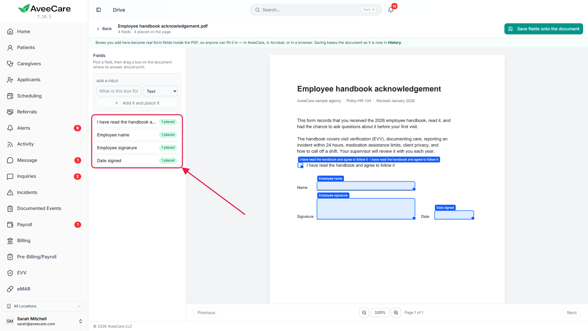 A PDF open in Drive with Form fields on the side and three boxes placed on the page