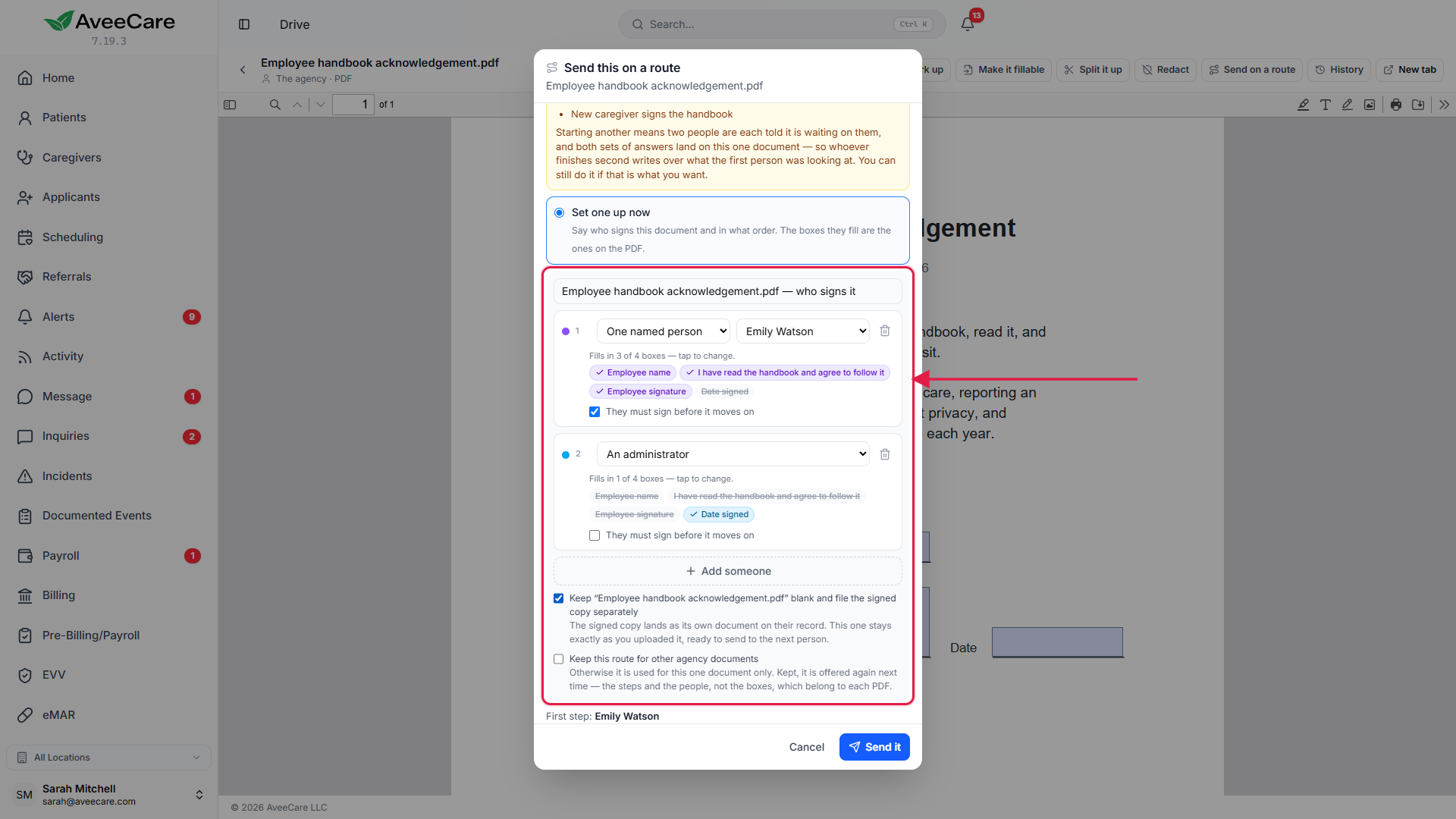 The Send on a route window with two steps and each box assigned to a signer