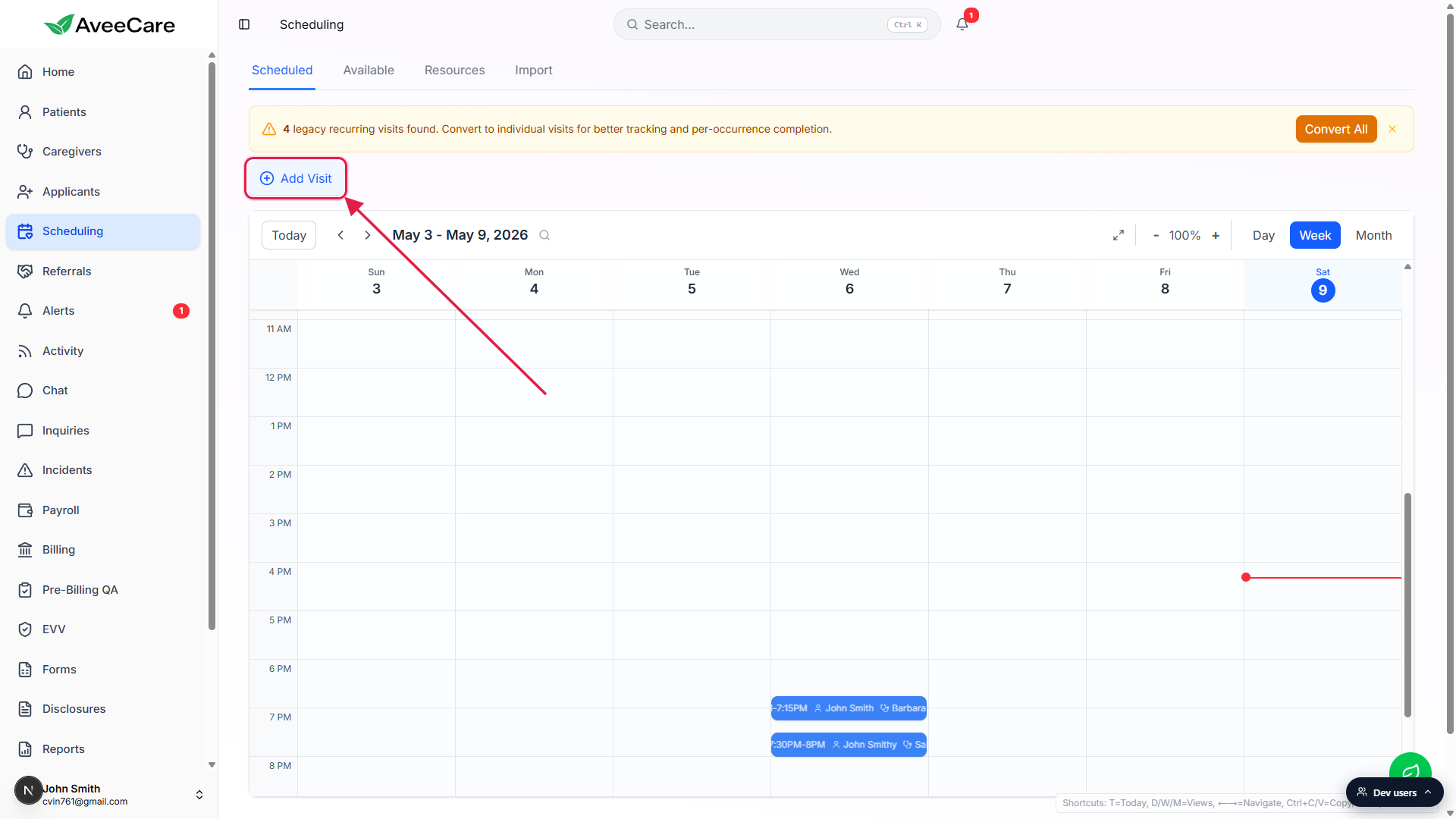 Add Visit button on the Scheduling page, called out with a red box