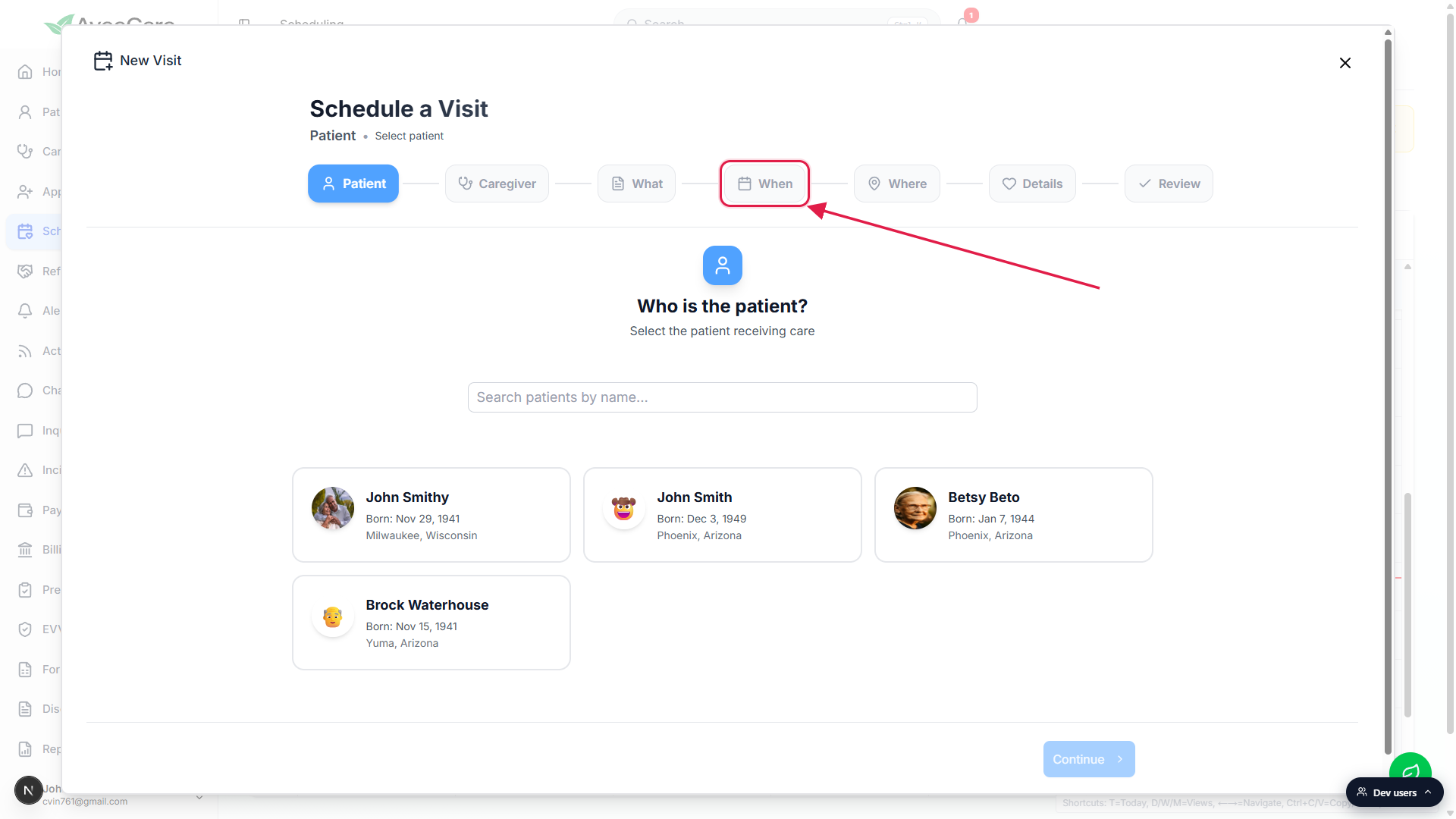 Schedule a Visit wizard on the Patient step, with the When step pill highlighted as the destination
