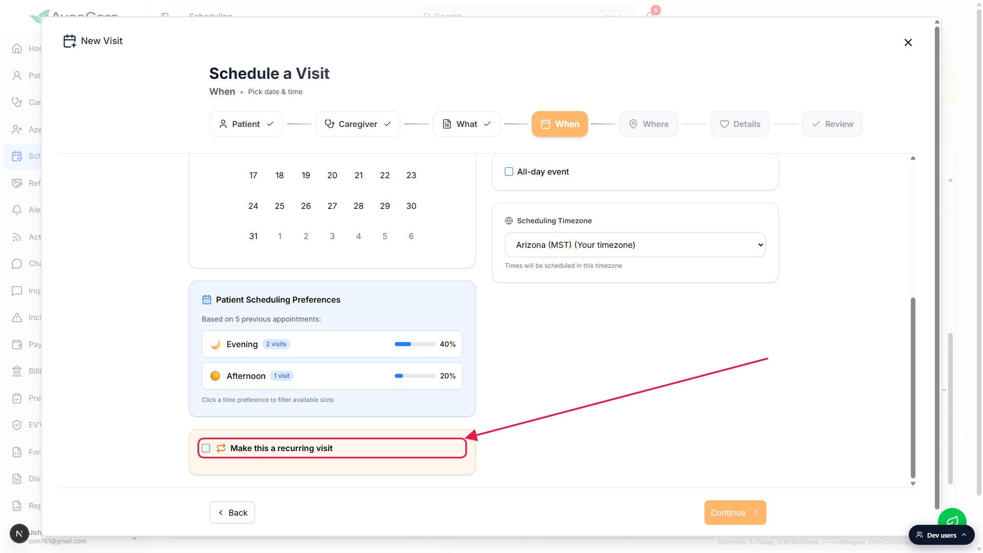 When step of the visit wizard, scrolled to show Patient Scheduling Preferences and the Make this a recurring visit checkbox highlighted with a red box