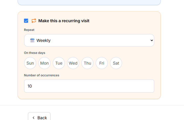 Recurrence panel with Make this a recurring visit checked, Repeat = Weekly, the Sun-Sat weekday chip row, and Number of occurrences set to 10