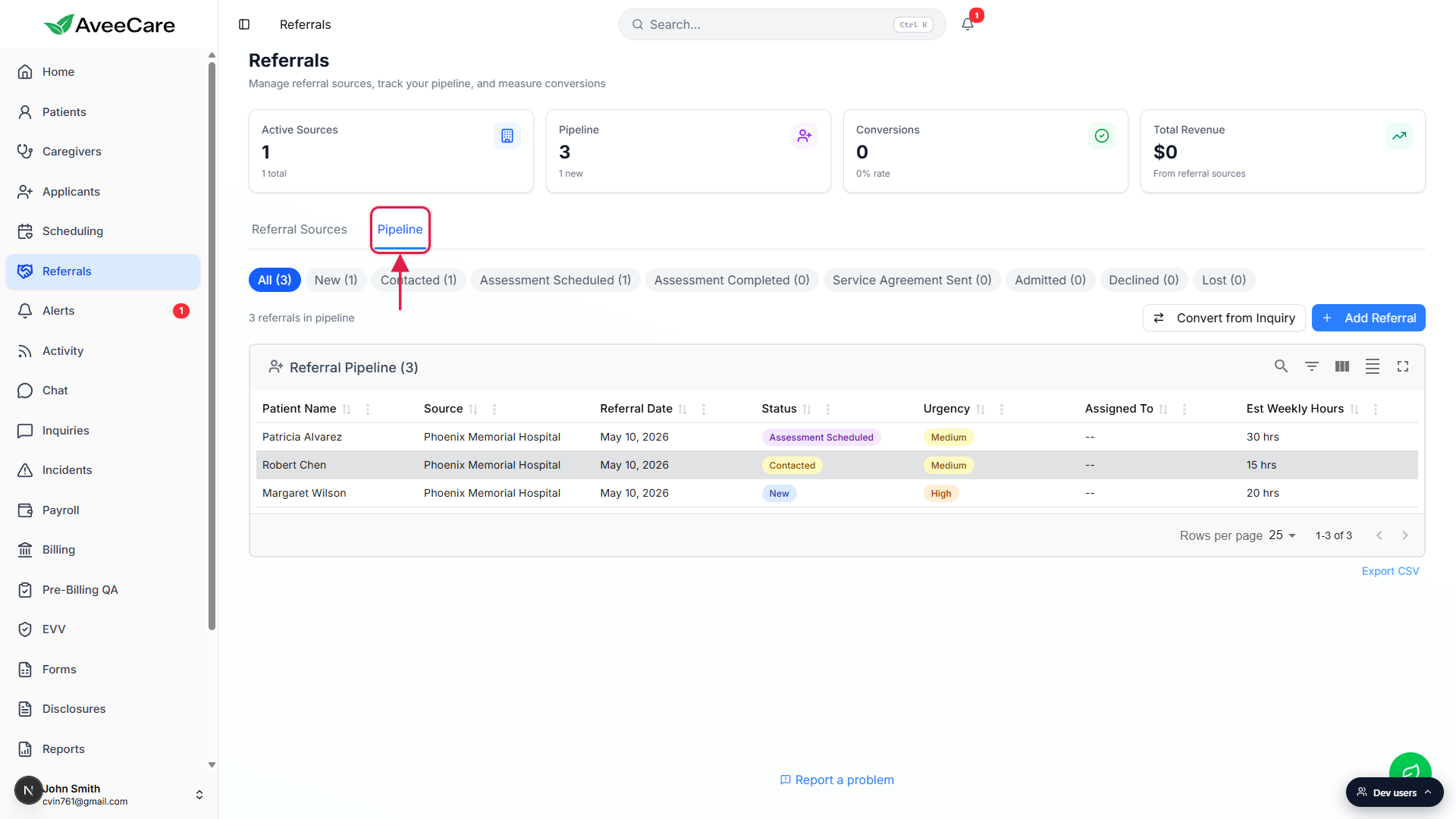Pipeline tab on the Referrals page, called out with a red box, showing the status filter chips and the Referral Pipeline data table with three referrals across different statuses