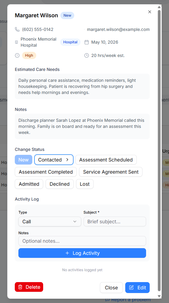 Referral detail modal for Margaret Wilson showing contact info, Phoenix Memorial Hospital source, May 10, 2026 referral date, High urgency, 20 hrs/week estimate, Estimated Care Needs, Notes, the Change Status row, and the Activity Log
