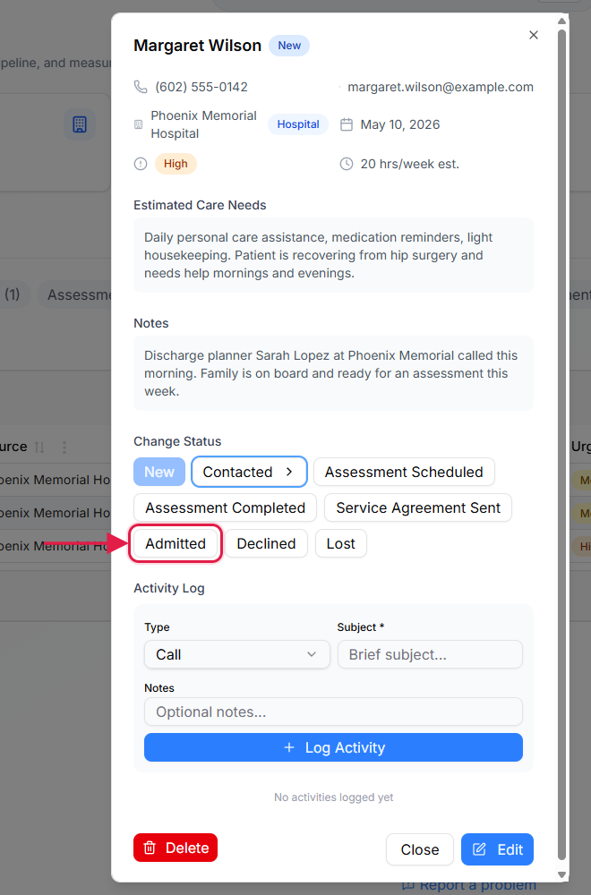 Referral detail modal with the Admitted status button highlighted by a red box and arrow, showing the conversion action that moves the referral out of pipeline and credits the source