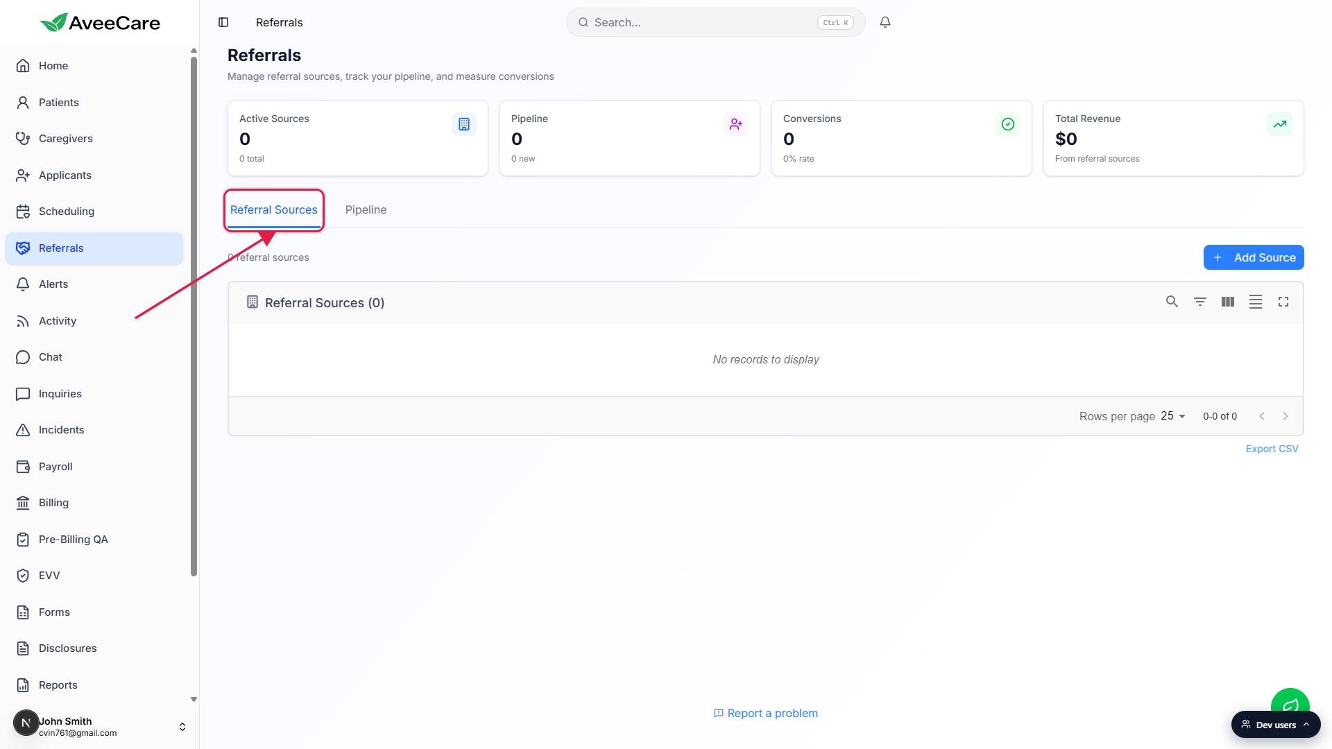 Referrals page with the Referral Sources tab selected, called out with a red box, and the Add Source button visible in the action bar