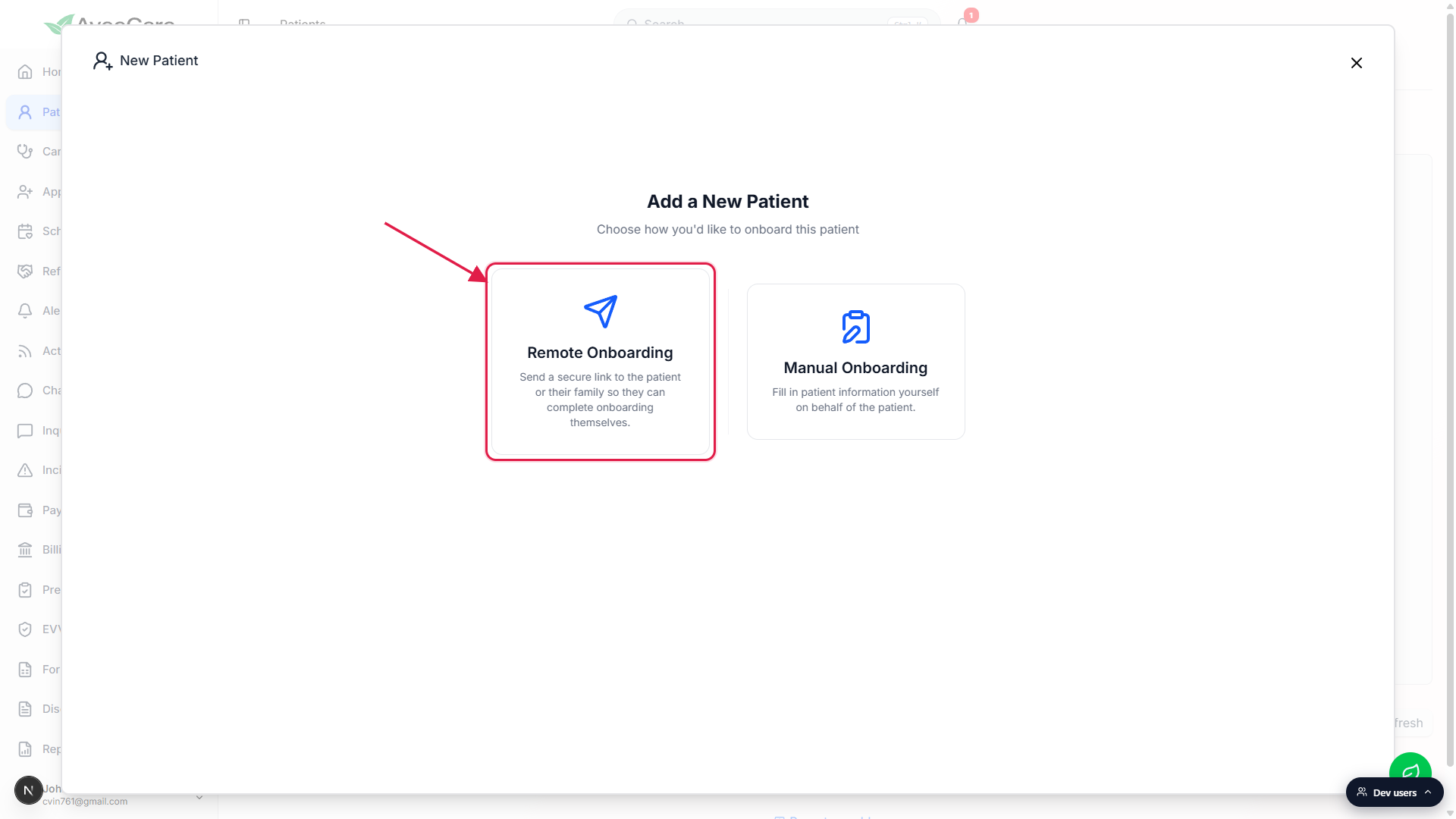 Add a New Patient picker showing the Remote Onboarding and Manual Onboarding cards, with the Remote Onboarding card highlighted in red