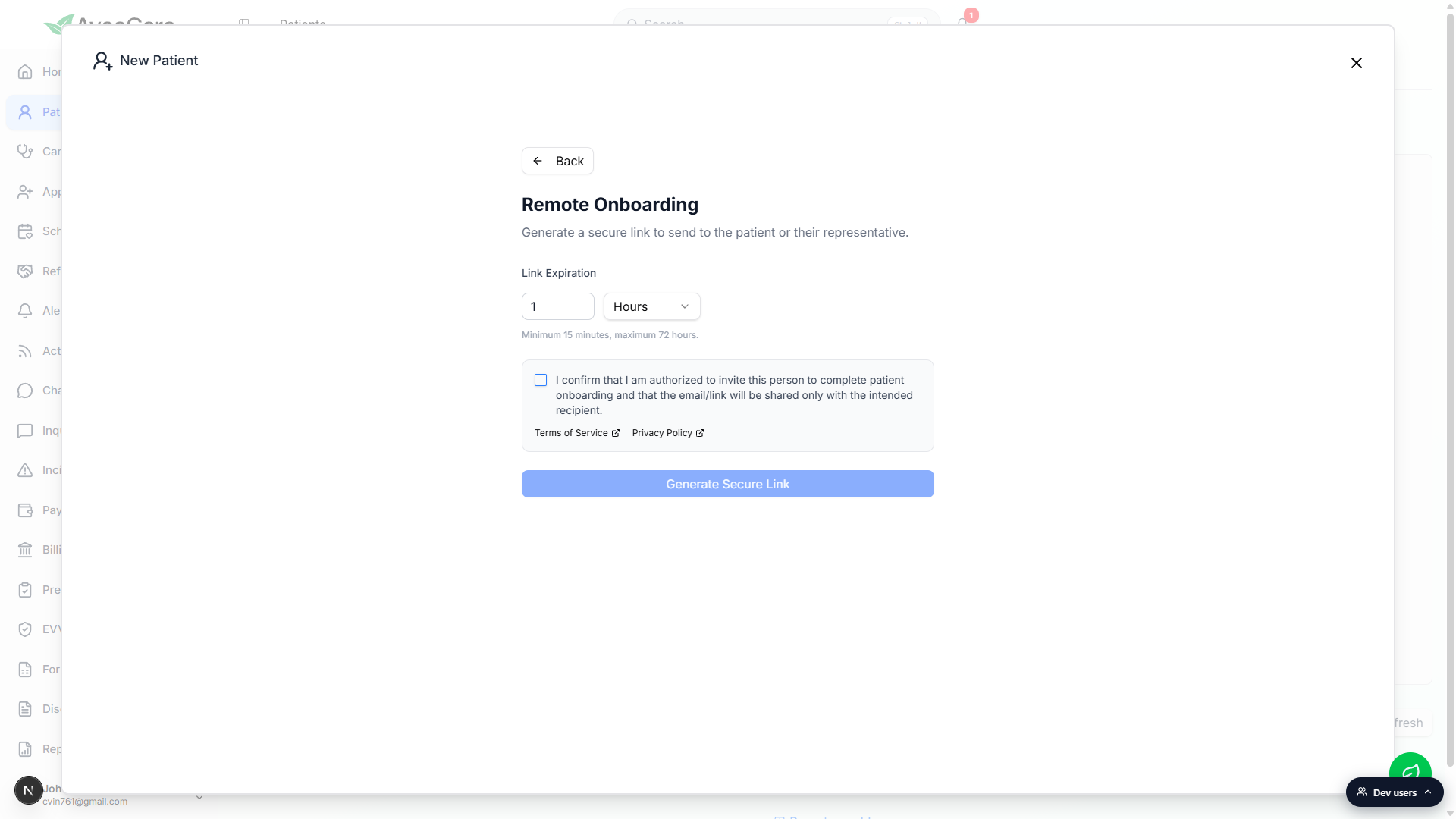 Remote Onboarding configuration screen with Link Expiration, the legal acknowledgment checkbox, and the Generate Secure Link button