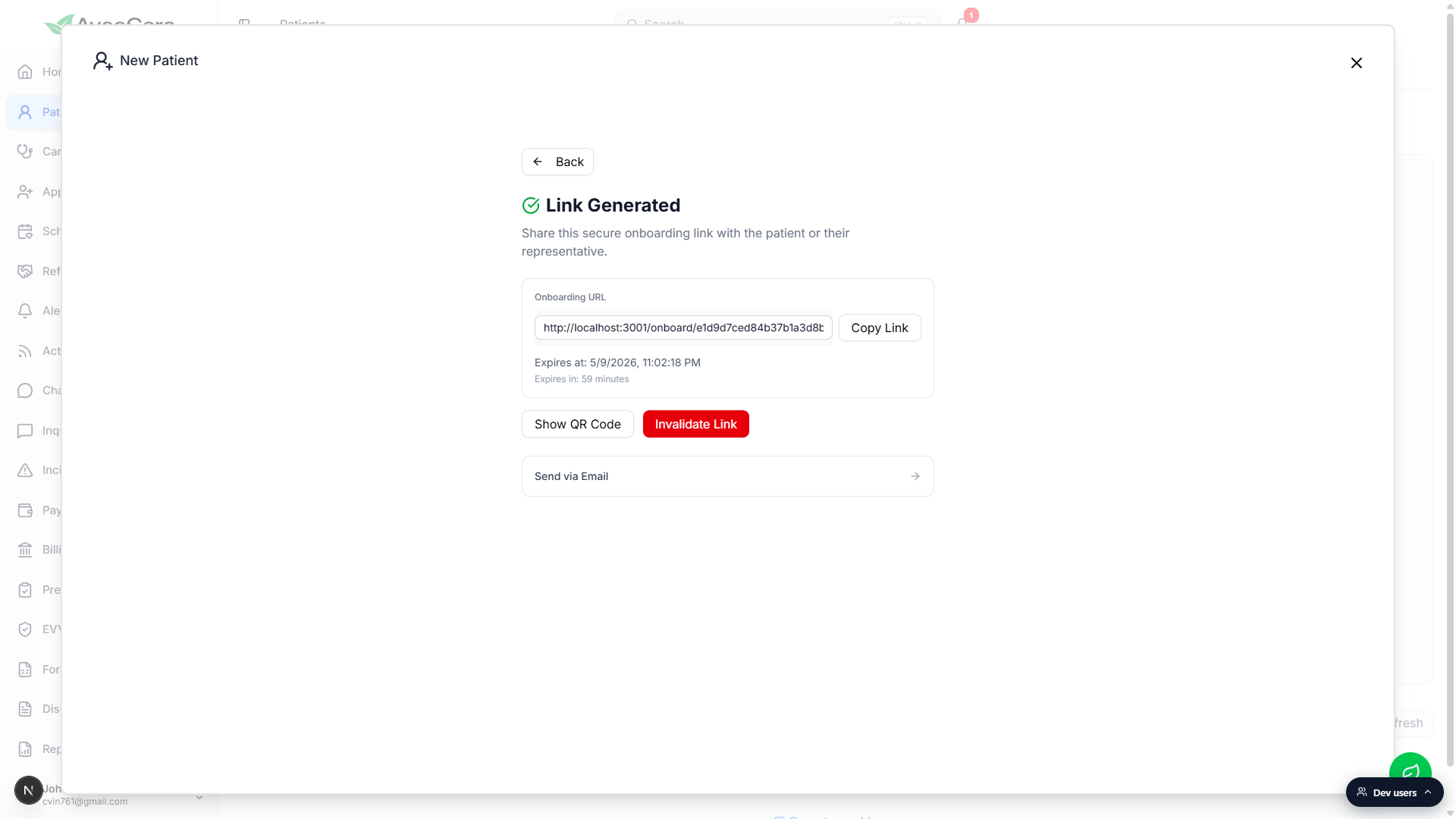 Link Generated screen showing the Onboarding URL field, Copy Link button, expiry timestamp, Show QR Code, Invalidate Link, and Send via Email actions