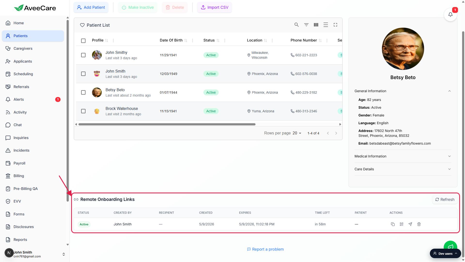 Remote Onboarding Links panel on the Patients page, with one Active link from John Smith, expiry timestamp, time remaining, and Copy, QR, Send, Invalidate action icons highlighted with a red box