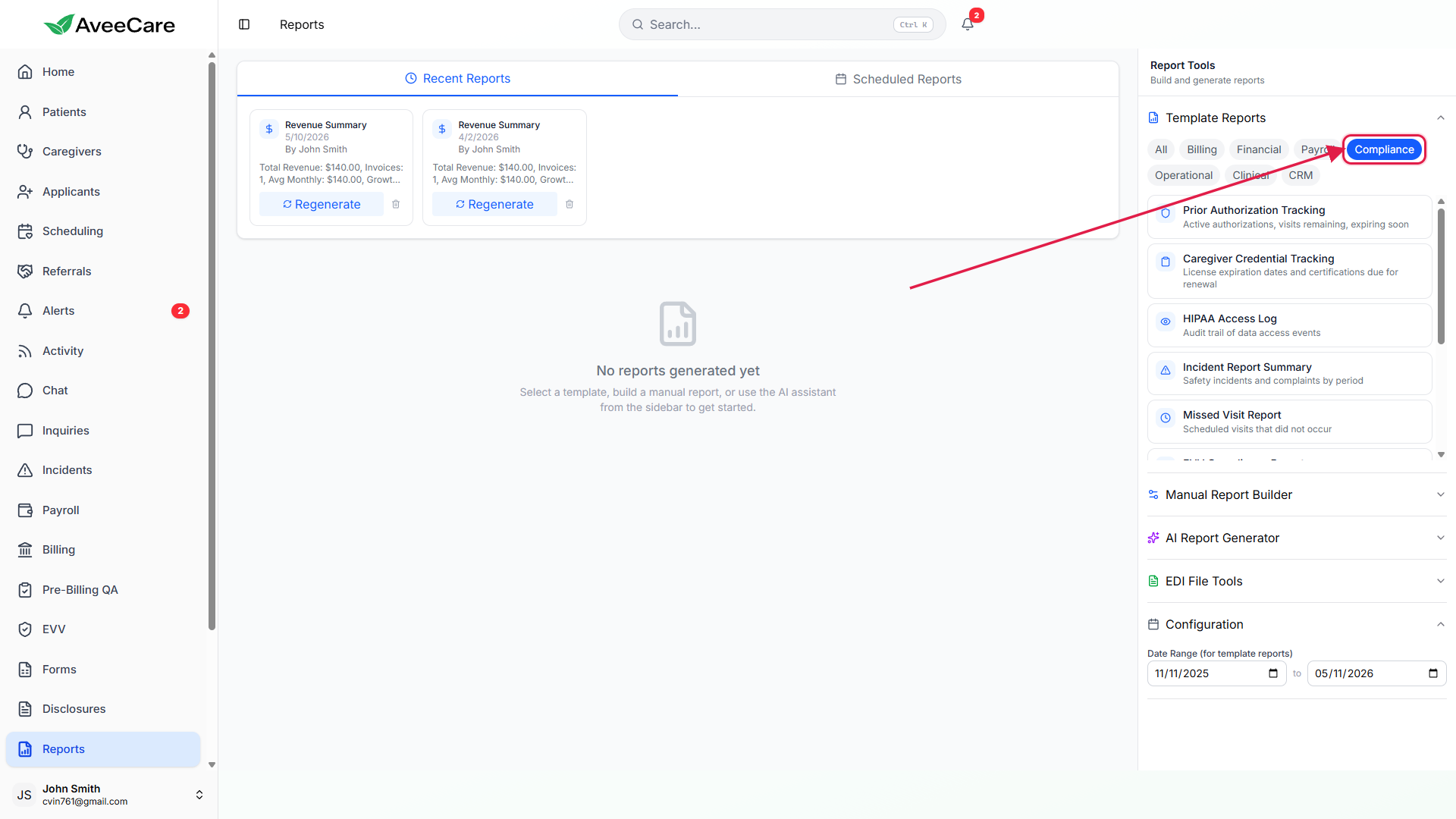 Compliance pill activated in the Template Reports panel, with the preset list narrowed to compliance reports, highlighted with a red box