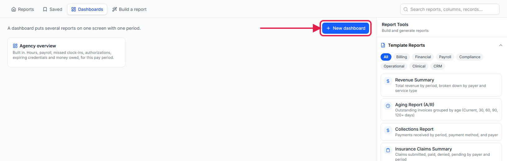 Dashboards list on the Reports page with the Agency overview card and the New dashboard button called out with a red box and arrow