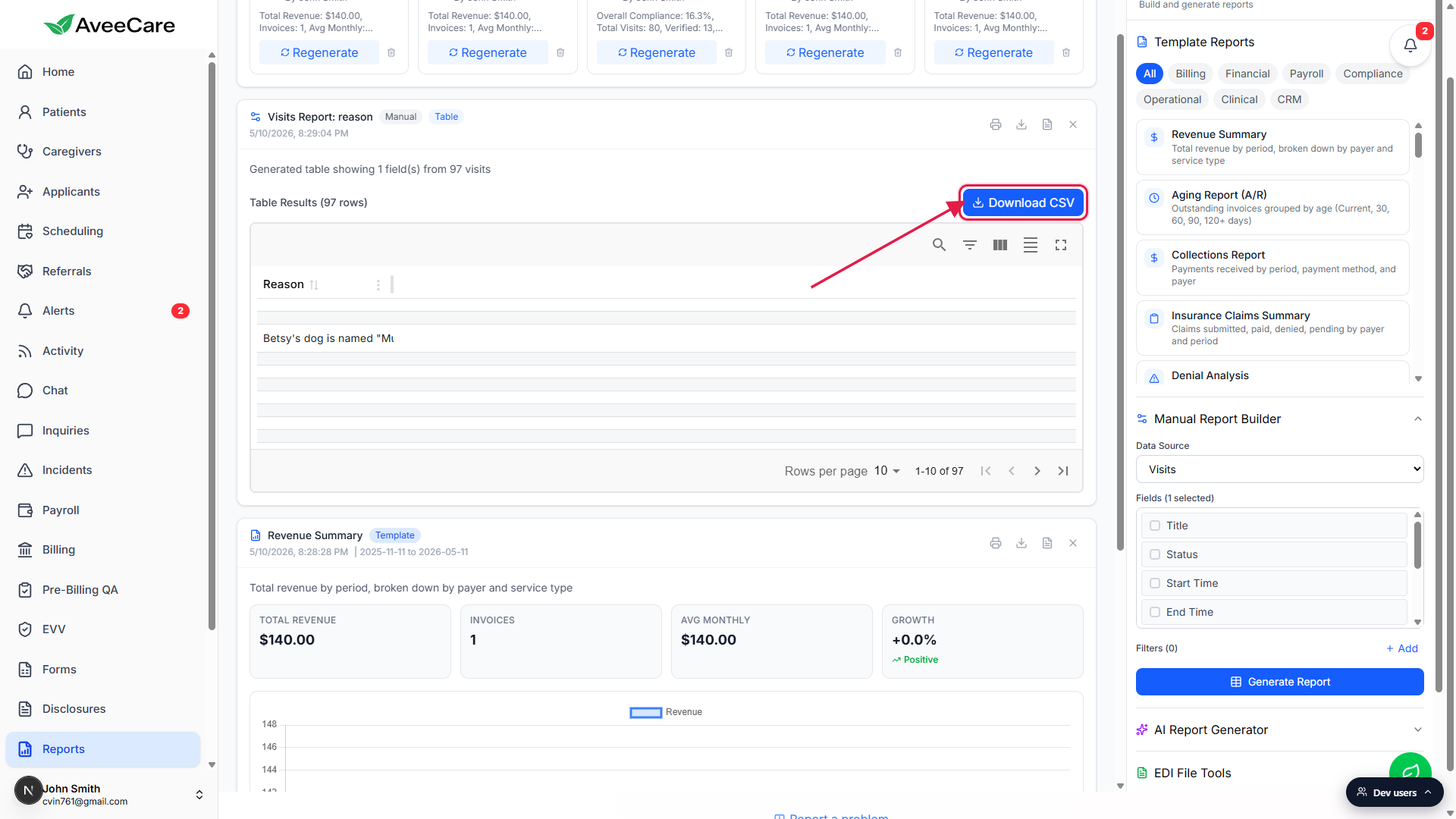 Blue Download CSV button above the Table Results header on a Manual report card, called out with a red box and arrow