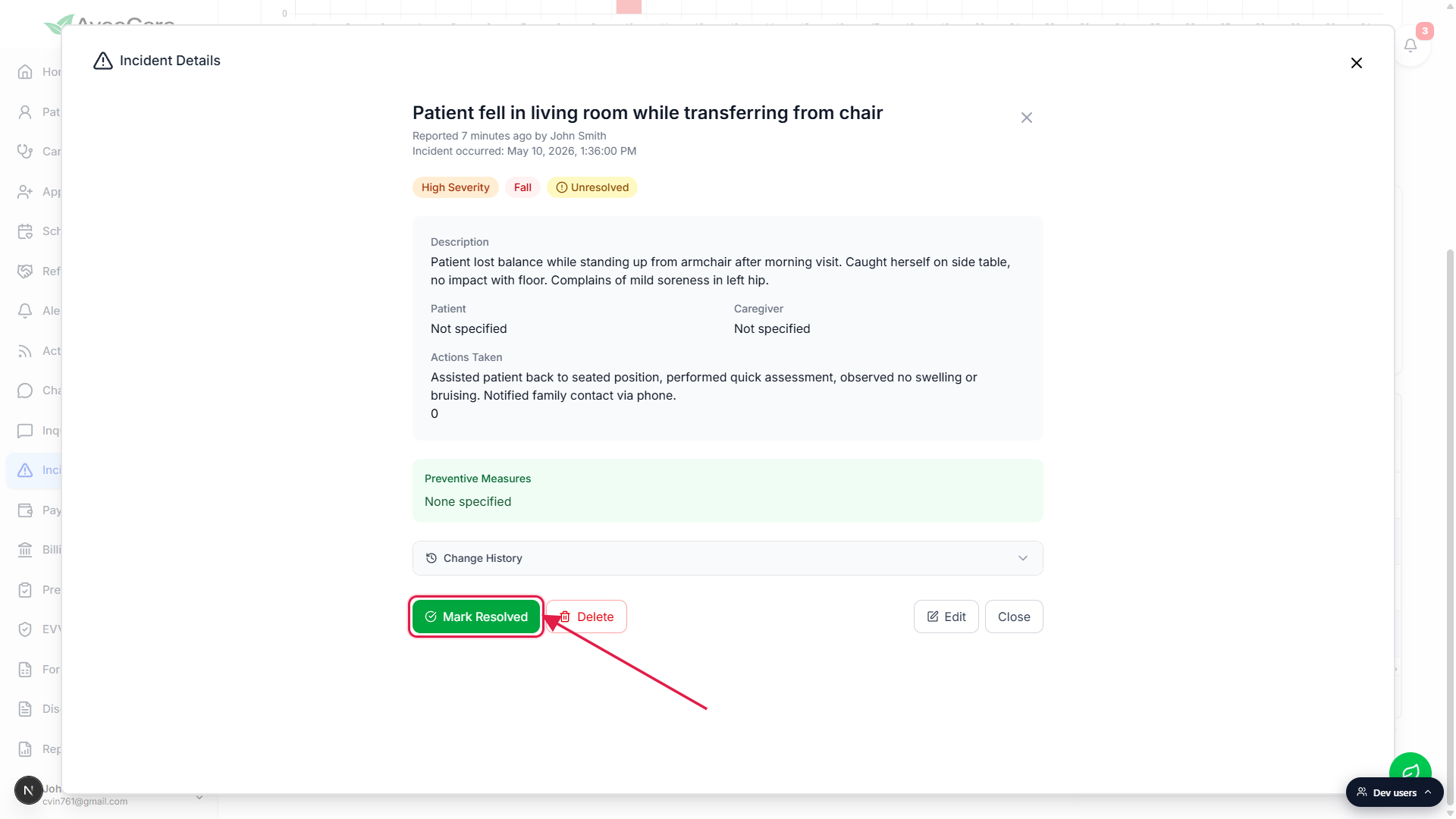 The Incident Details modal open on an Unresolved Fall, with the green Mark Resolved button at the bottom-left highlighted with a red box