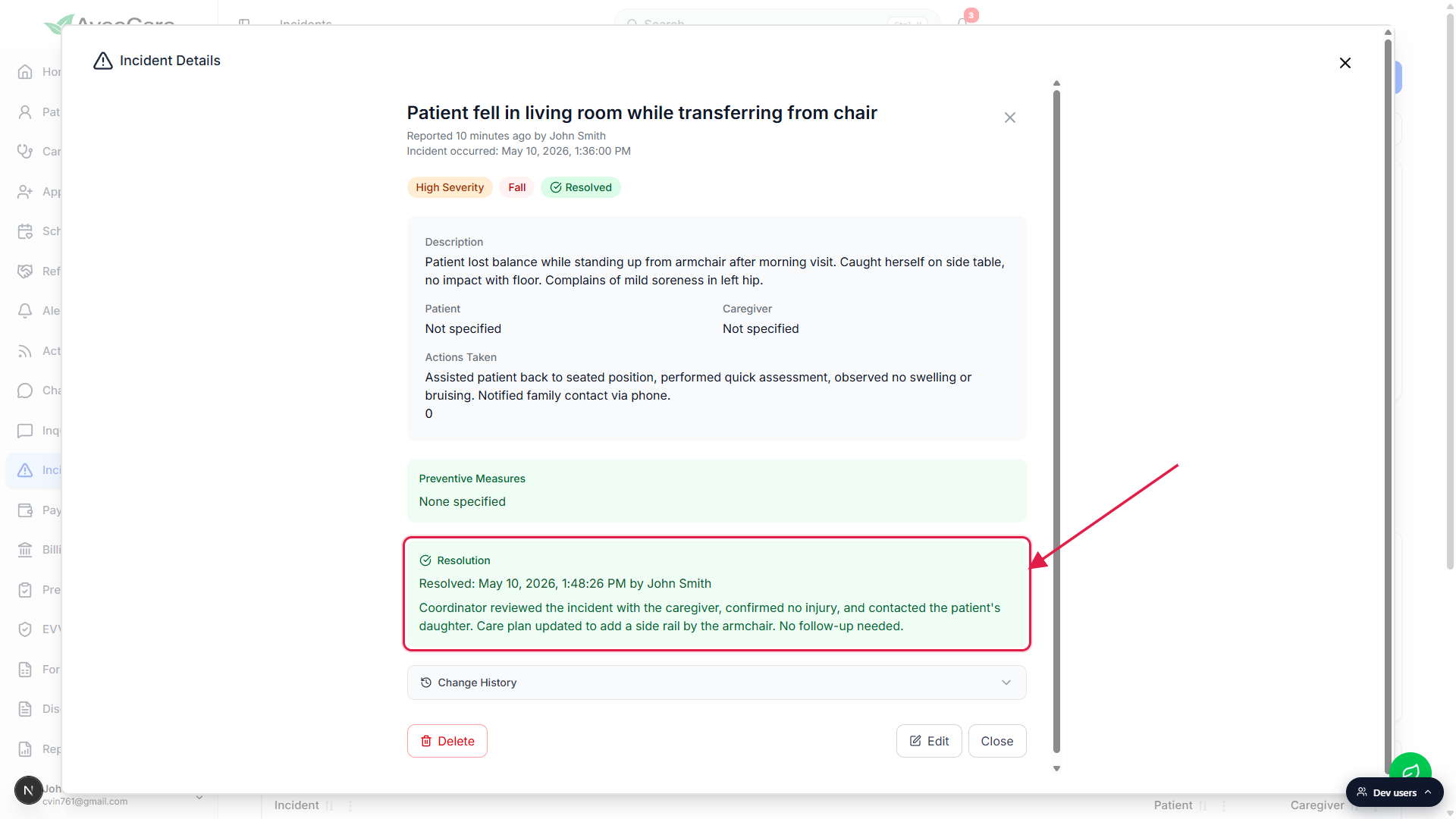 The Incident Details modal after resolving, with the green Resolution panel highlighted by a red box showing the resolved-at timestamp, the resolver name, and the resolution narrative