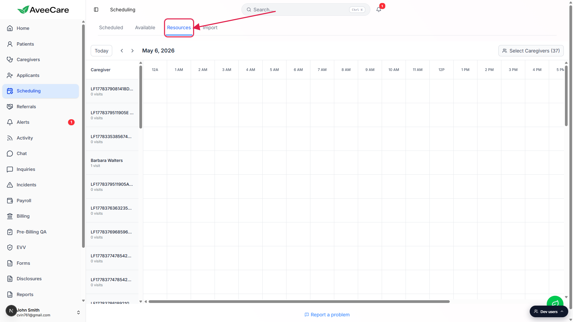 Scheduling page with the Resources tab on the top tab strip called out with a red box and arrow
