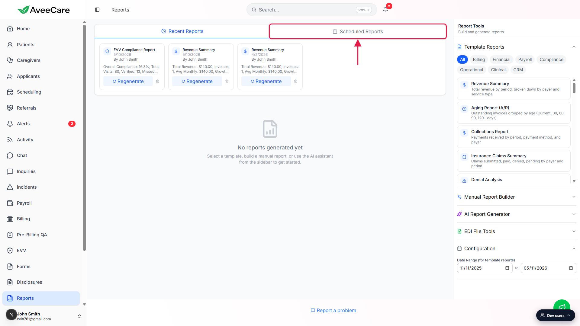 Reports page with the Scheduled Reports tab in the top canvas tab strip called out with a red box and arrow
