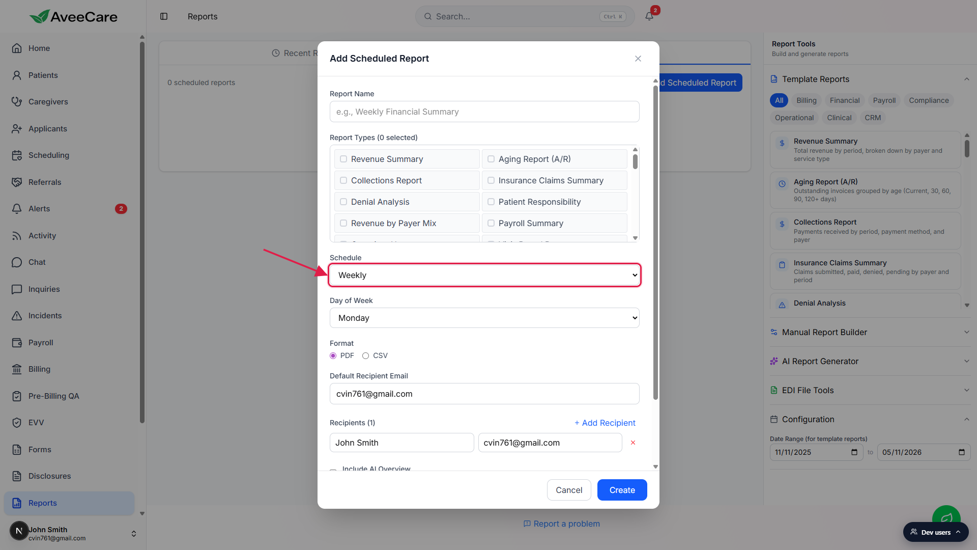 Schedule dropdown set to Weekly inside the Add Scheduled Report modal, called out with a red box and arrow, with Day of Week (Monday) visible below