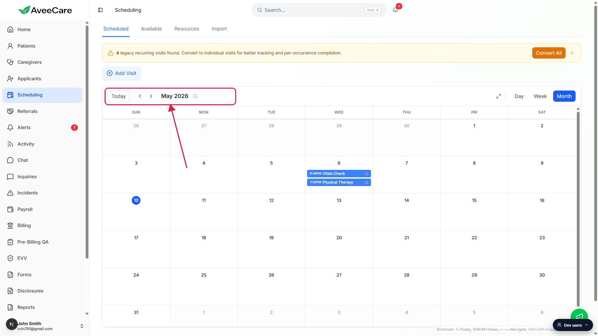 Scheduling page in Month view with the Today button, the previous and next chevrons, the date label, and the search jump icon called out together by a red box