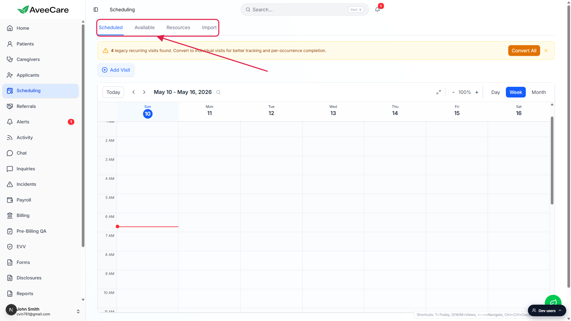 Top of the Scheduling page with the Scheduled, Available, Resources, Import tab strip called out together by a red box