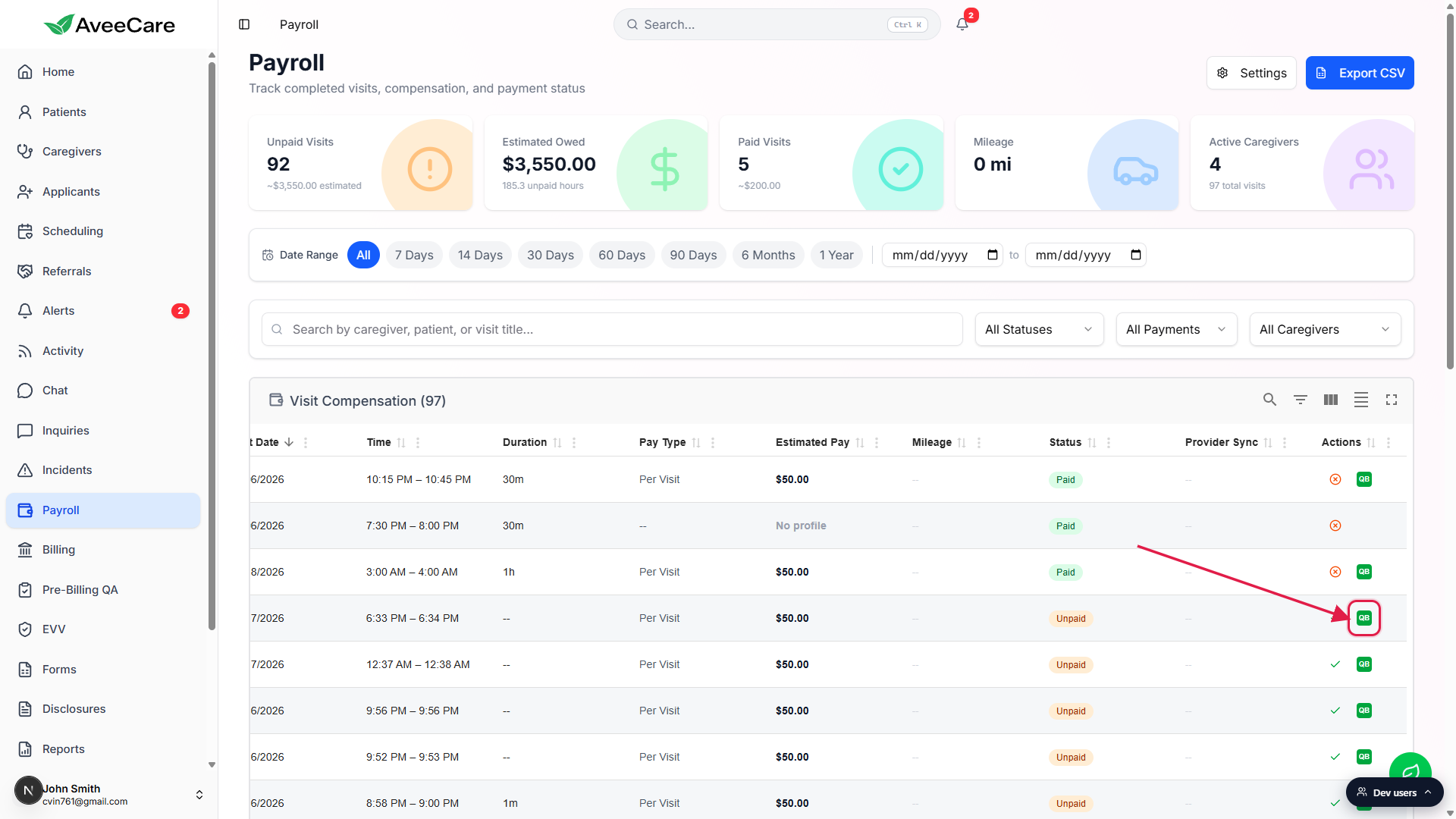 Per-row QB Send to QuickBooks badge in the Actions column on a Payroll row