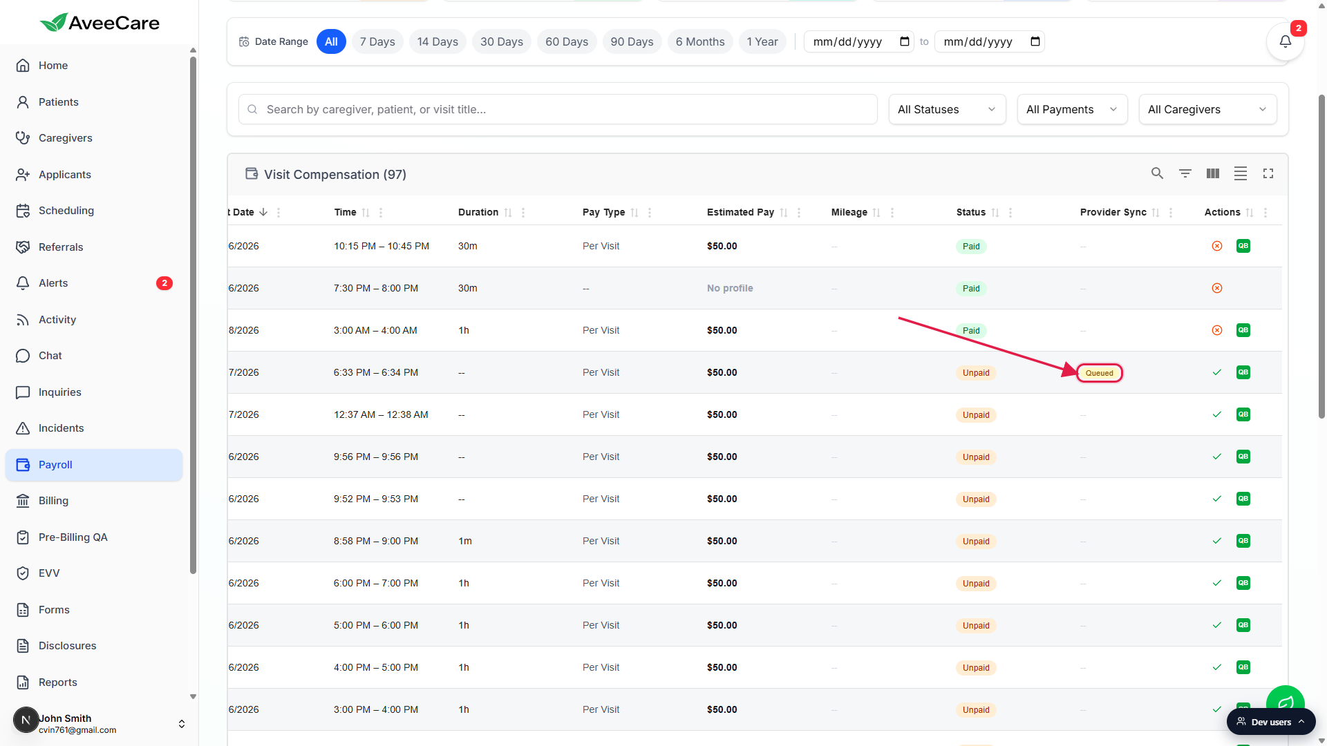 Provider Sync column on a row showing the Queued status badge after Send is clicked