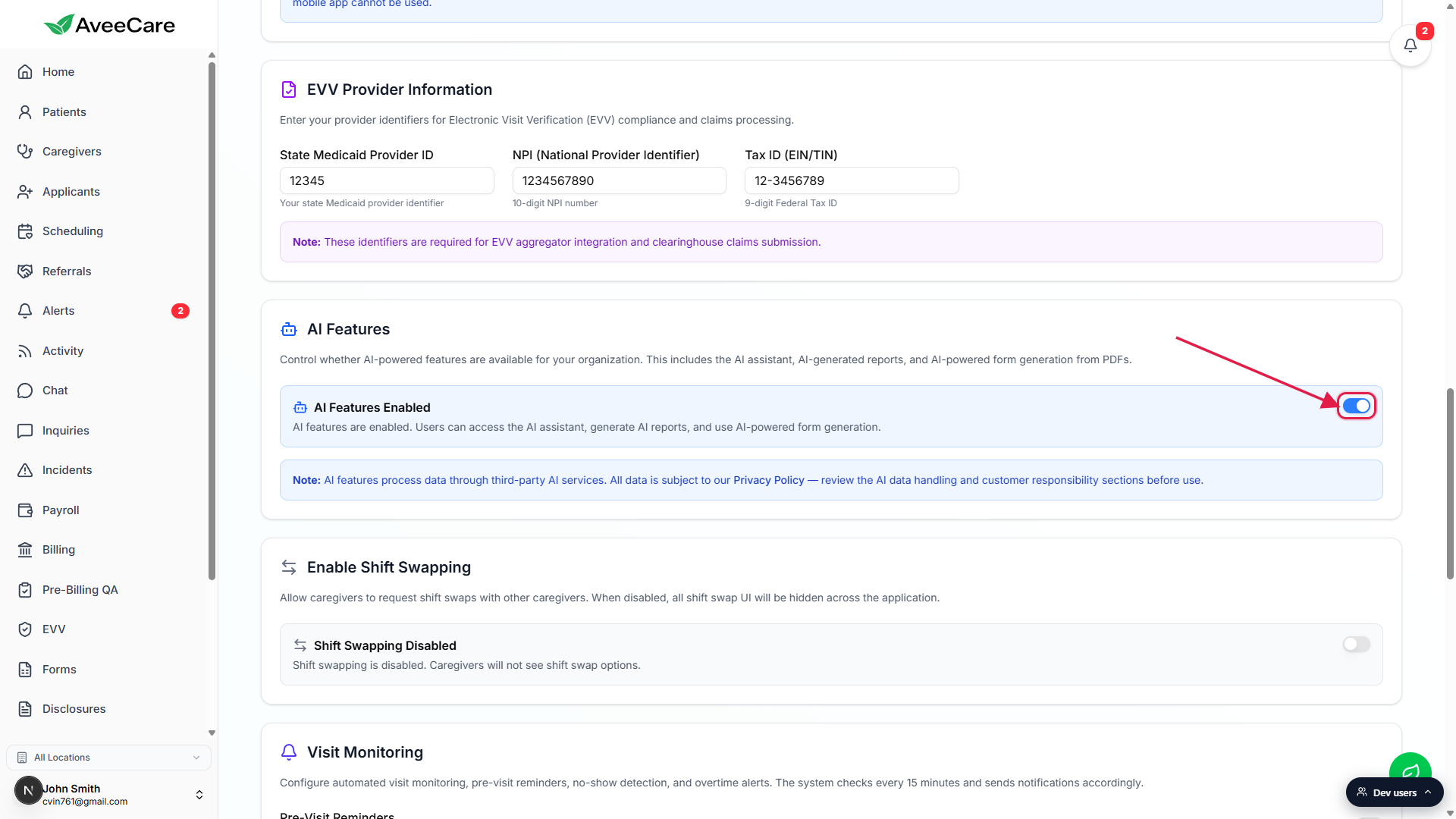 AI Features card on the Business Settings tab with the master toggle on the right outlined in a red box and an arrow pointing to it from the upper-left.