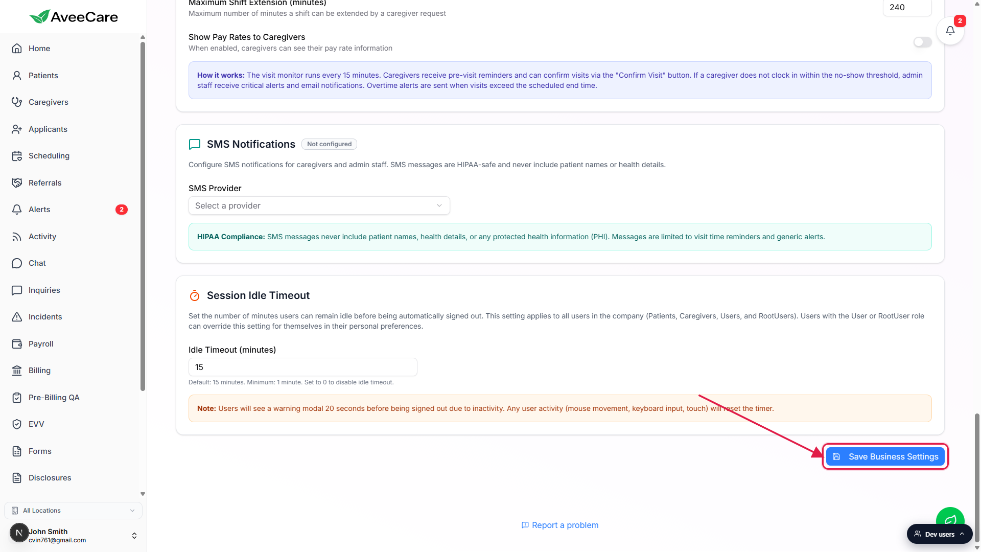 Save Business Settings button at the bottom-right of the Business Settings tab outlined in a red box with an arrow pointing to it from the upper-left.