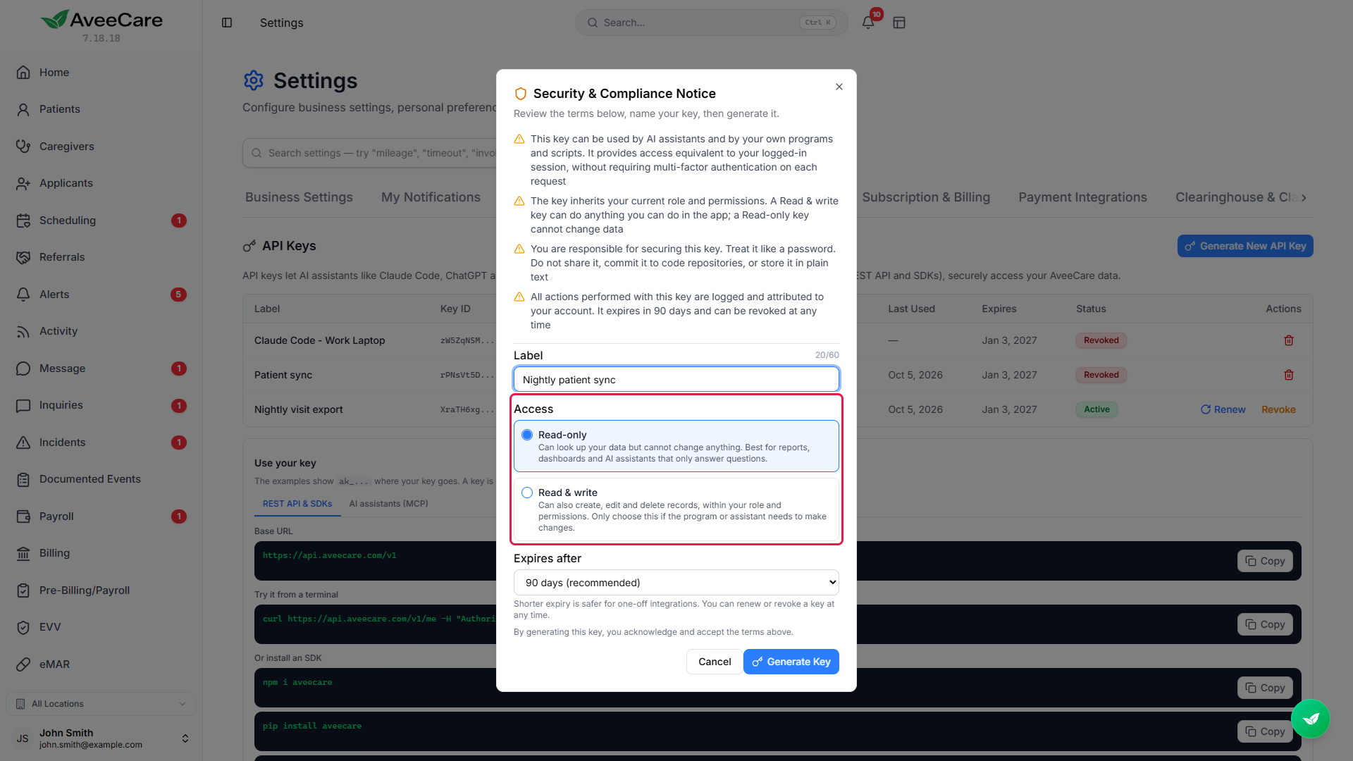 Security and Compliance Notice dialog with a label typed in and the Access choice, Read-only selected and Read and write below it, outlined in a red box.