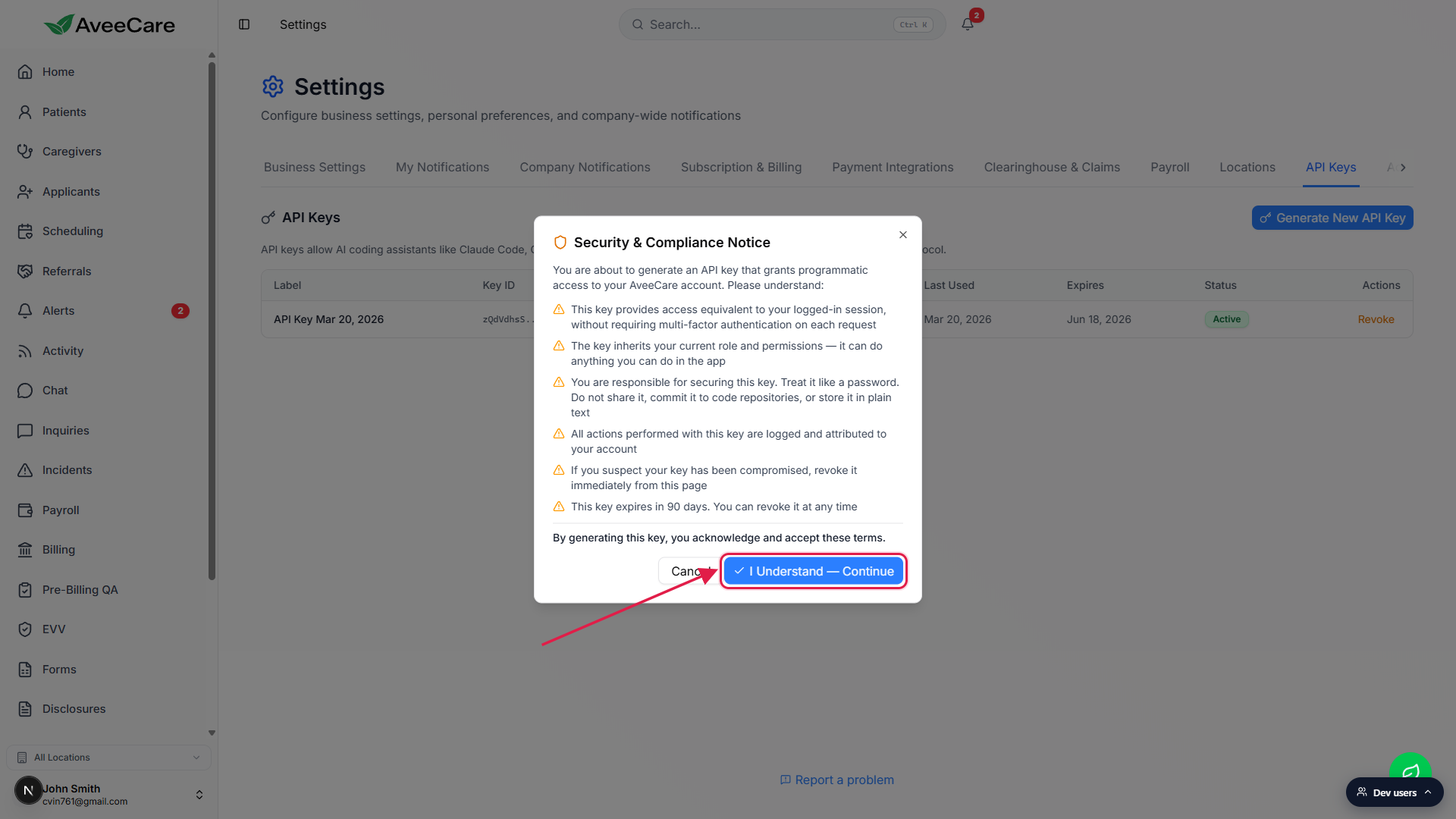 Security and Compliance Notice modal listing the six acknowledgments with the I Understand Continue button outlined in a red box and an arrow pointing to it.