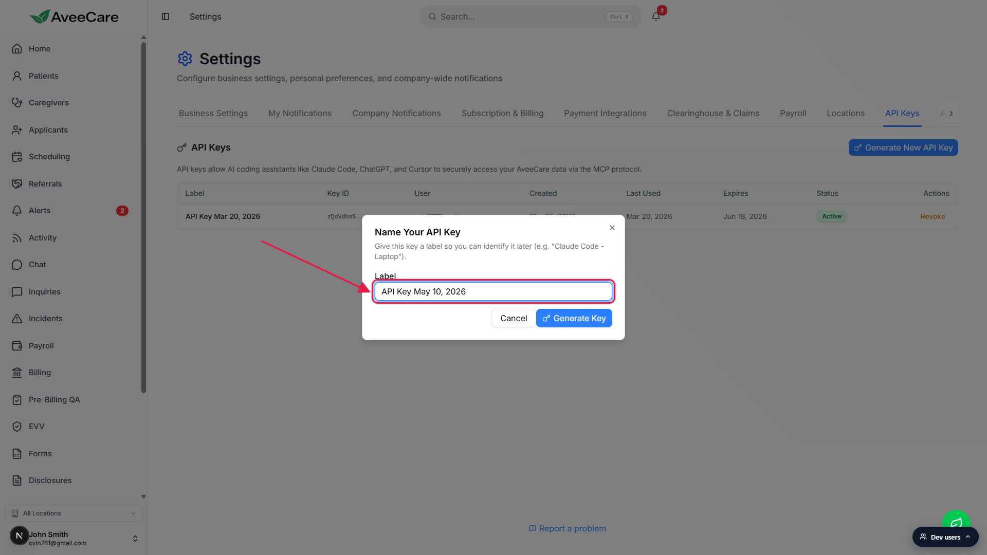 Name Your API Key dialog with the Label input outlined in a red box and an arrow pointing to it from the upper-left.