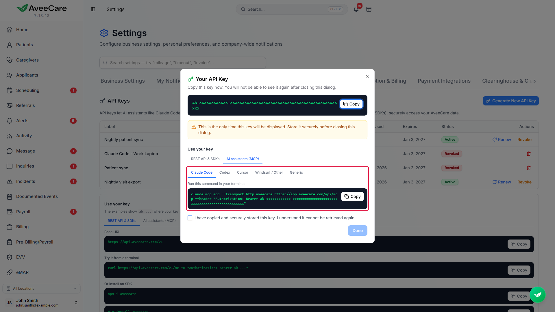 AI assistants (MCP) tab in the Your API Key dialog, outlined in a red box, showing the Claude Code, Codex, Cursor, Windsurf and Generic tabs and the claude mcp add command with the key masked.
