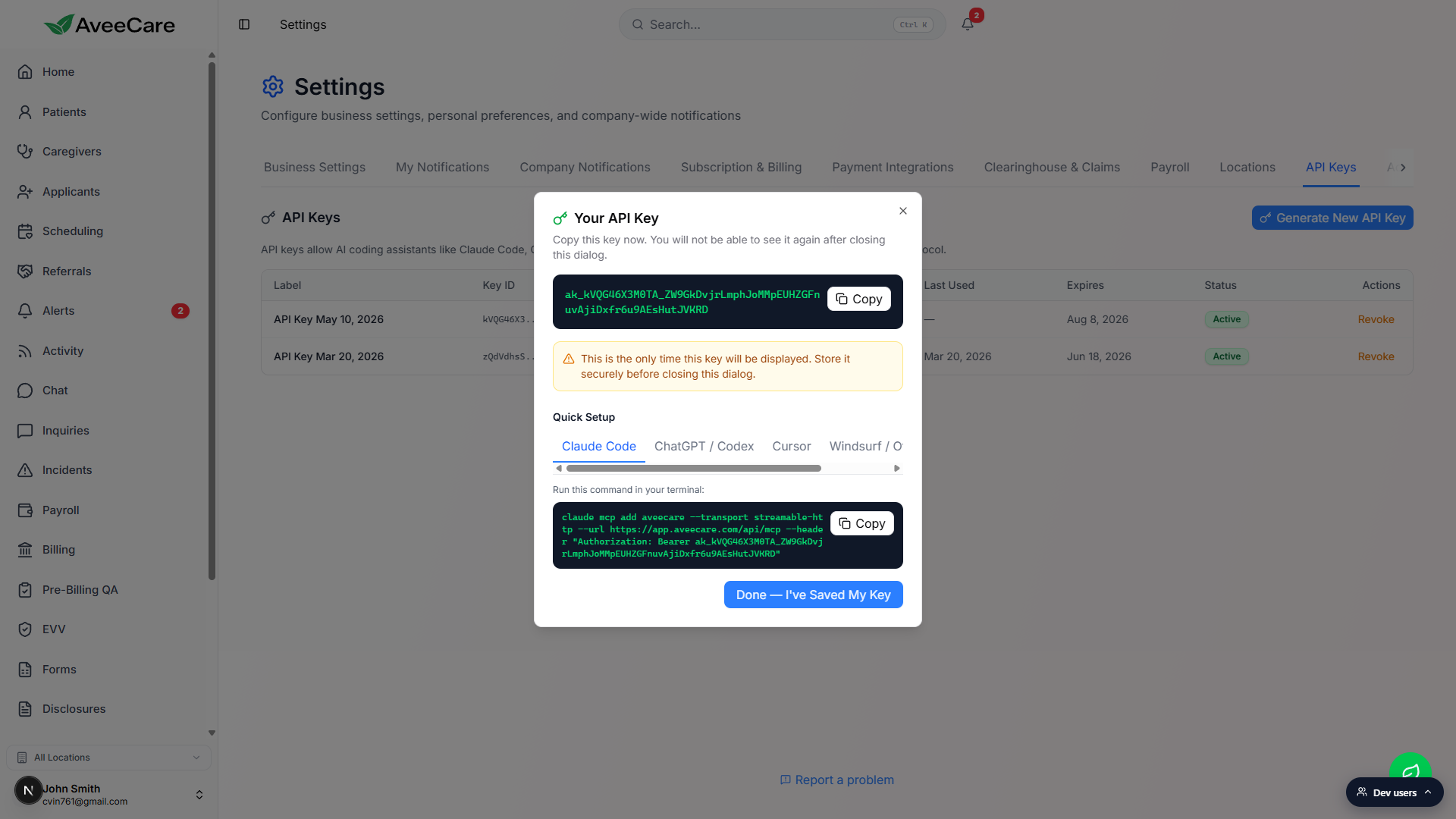 Your API Key reveal dialog showing the full token in a dark code block, the amber once-only warning, and the Quick Setup tabs (Claude Code, ChatGPT / Codex, Cursor, Windsurf / Other, Generic) underneath.