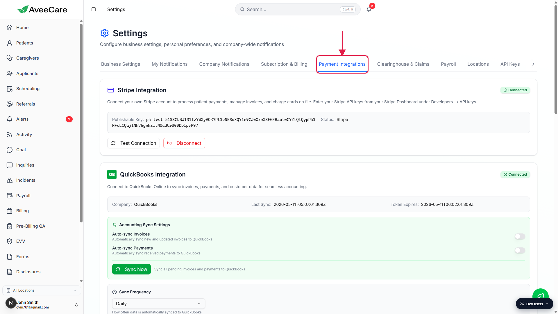 Settings page with the Payment Integrations tab in the tab strip called out with a red box and arrow