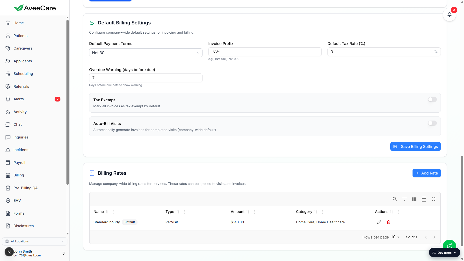Default Billing Settings card with Default Payment Terms, Invoice Prefix, Default Tax Rate, Overdue Warning, Tax Exempt toggle, Auto-Bill Visits toggle, and Save Billing Settings button visible
