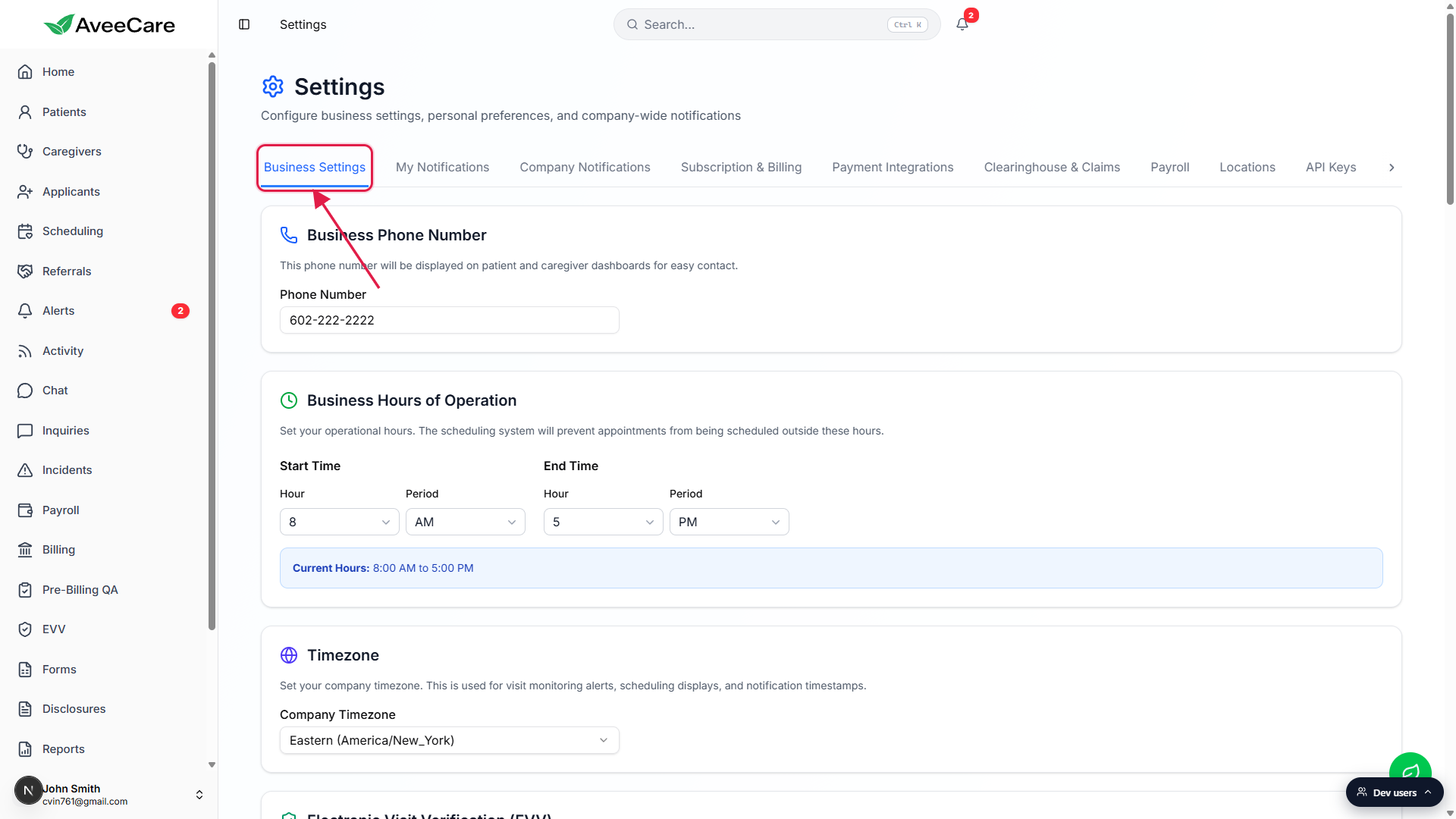 Settings page on the Business Settings tab, with the active tab pill called out by a red box and arrow at the top of the tab strip