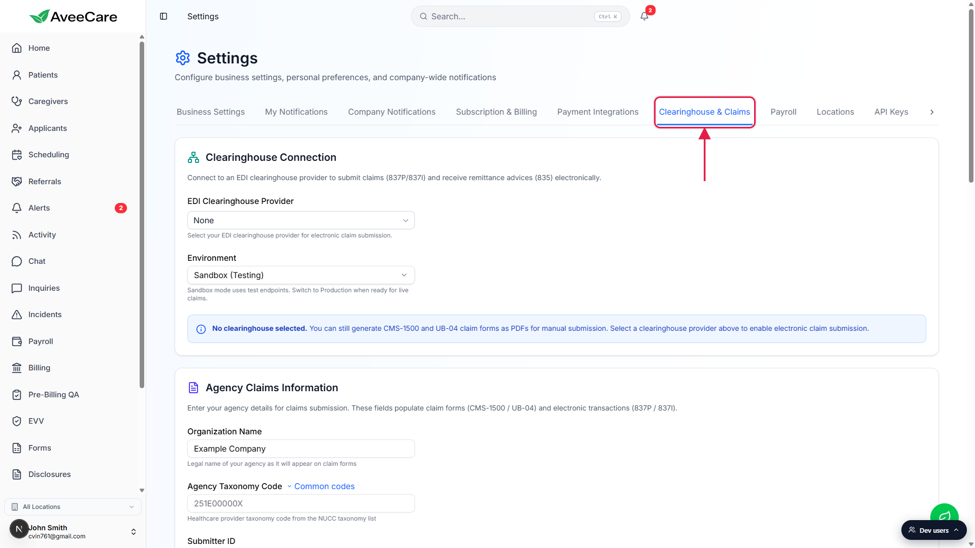 Settings page with the Clearinghouse and Claims tab selected, called out with a red box and arrow