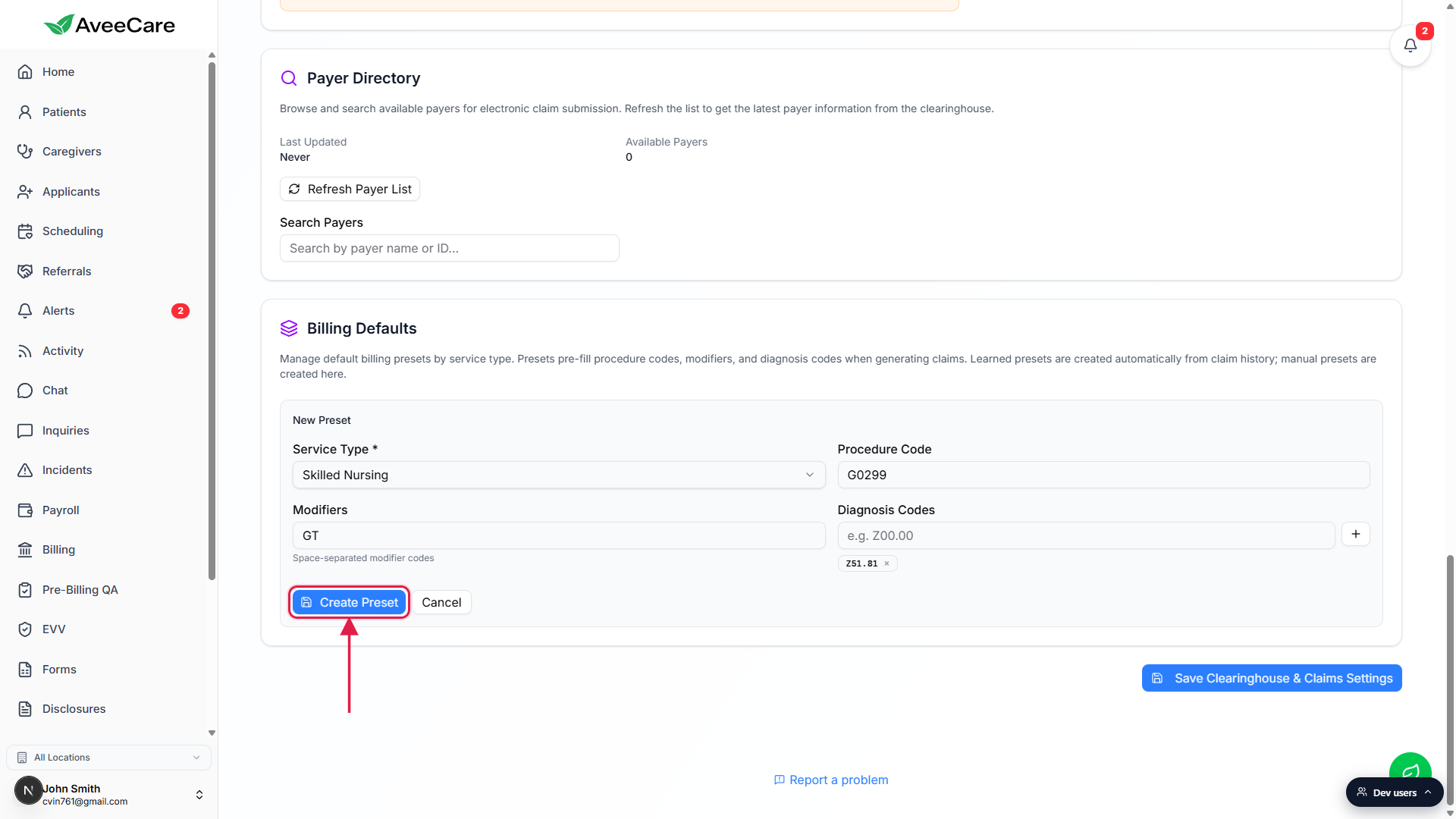 New Preset form open with Service Type set to Skilled Nursing, Procedure Code G0299, Modifier GT, Diagnosis Code Z51.81, and the Create Preset button highlighted with a red box and arrow
