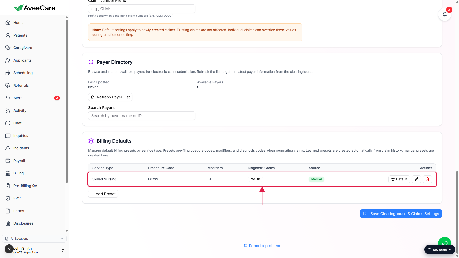 Billing Defaults table after creating a Skilled Nursing preset, showing one row with G0299, modifier GT, diagnosis Z51.81, a Manual source badge, and the Default, edit, and delete actions, with the row highlighted by a red box and arrow