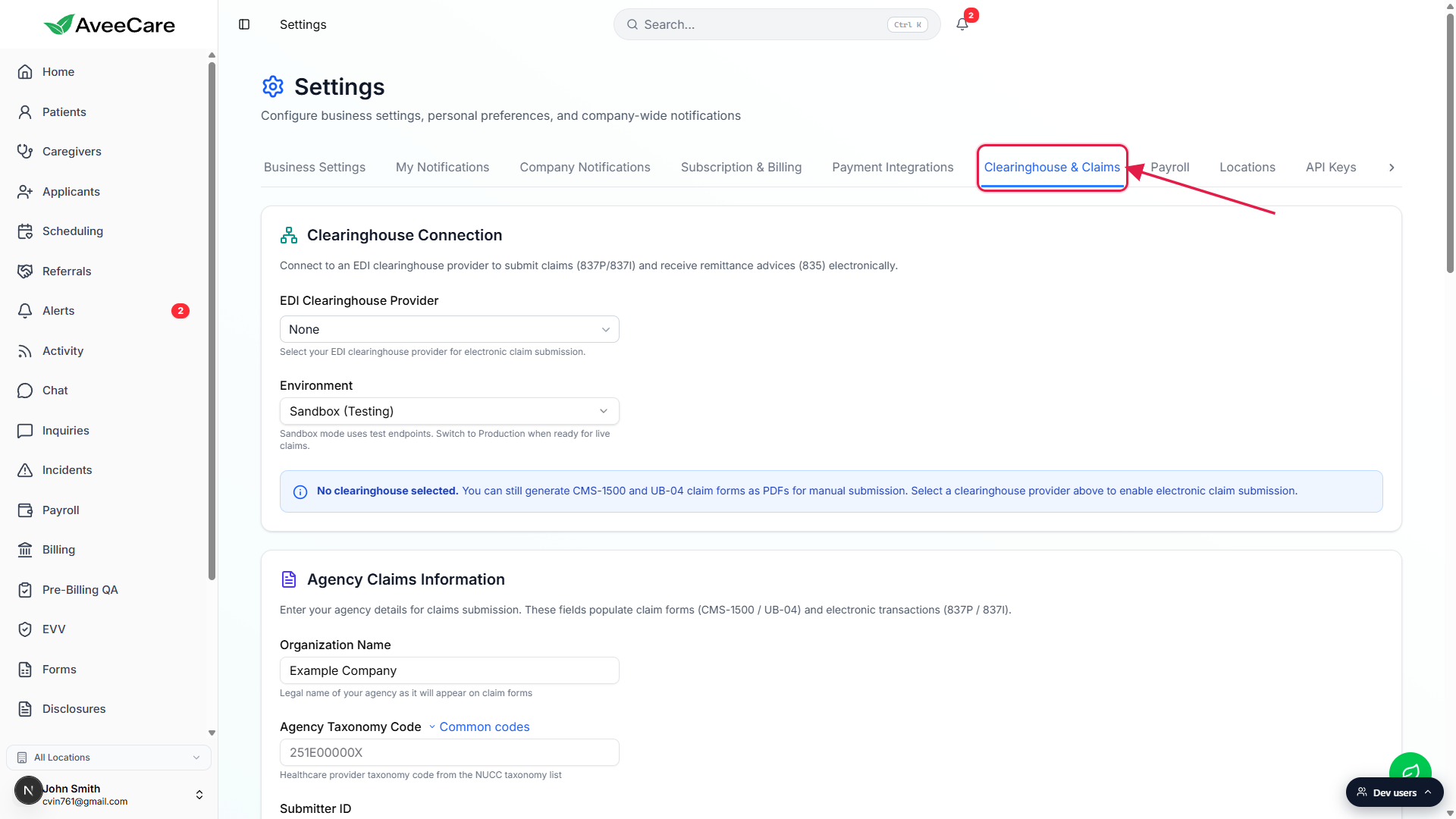 Settings page with the Clearinghouse and Claims tab in the top tab strip highlighted with a red box and arrow. The Clearinghouse Connection card is visible below.