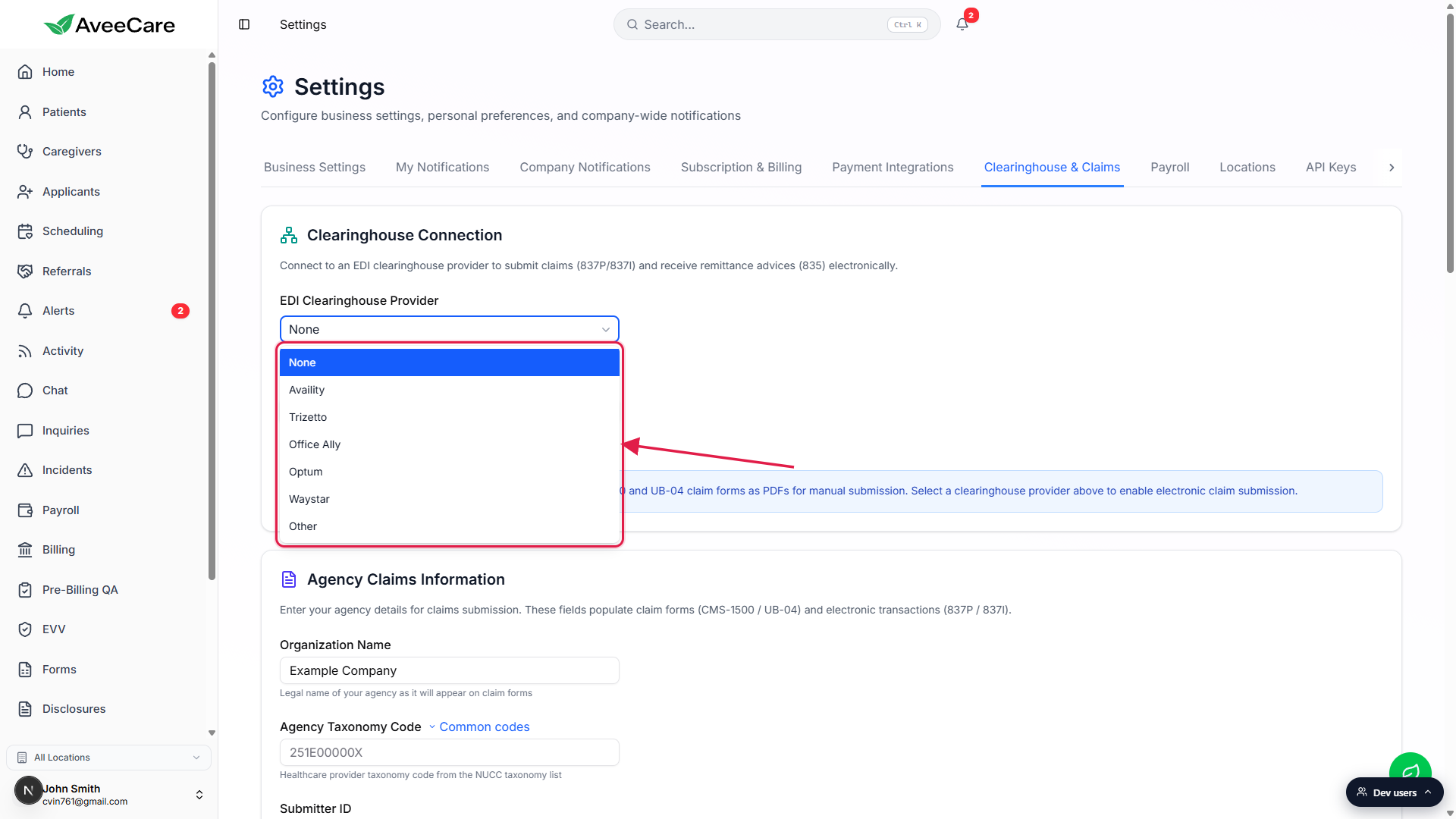 EDI Clearinghouse Provider dropdown open in the Clearinghouse Connection card, showing the seven provider options (None, Availity, Trizetto, Office Ally, Optum, Waystar, Other) highlighted with a red box and arrow.